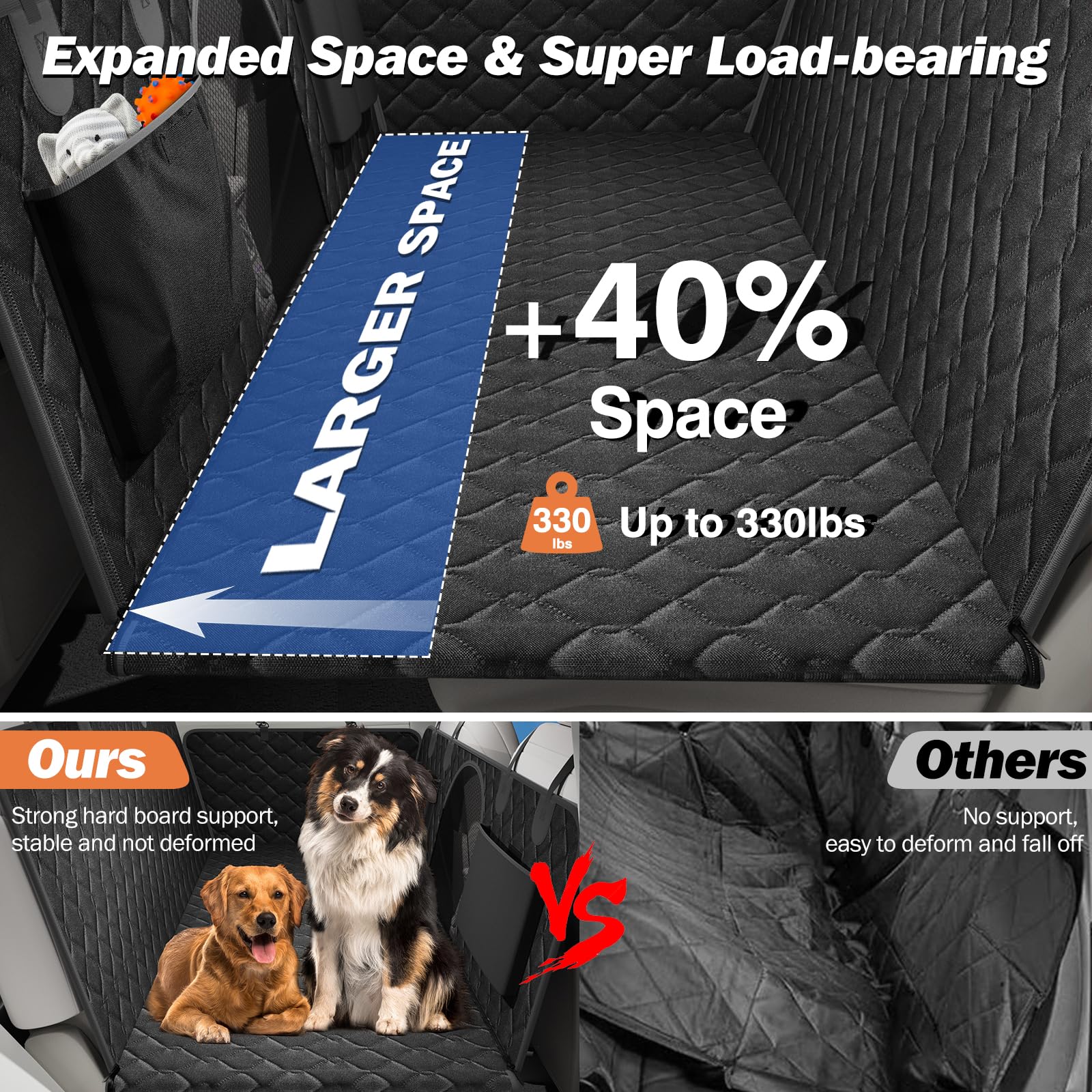 Hundeautositzbezug mit festem Boden, Schwarz | Rücksitzverlängerung mit wasserdichter Abdeckung, Netzfenster, Tasche, Hundehängematte für Auto, kleiner Transporter