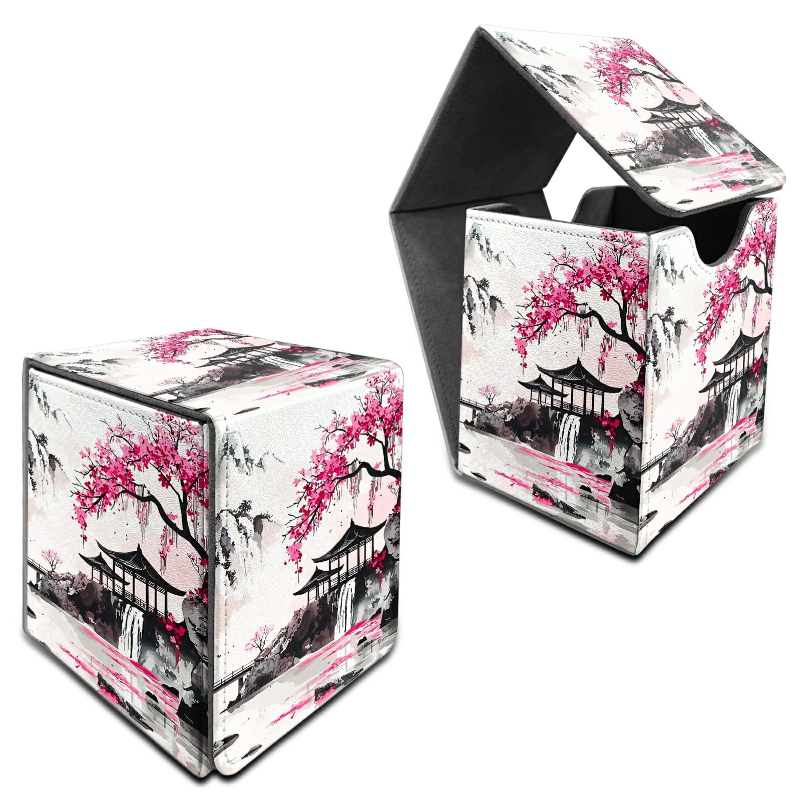 RWUTYTIUL Deck Box for MTG, Cards Storage Box Fits 120+ Sleeved, Leather Medium Size Strong Magnetic Closing Card Case for Board Games Magic TCG CCG Baseball Collection, Pink Flower Pavilion