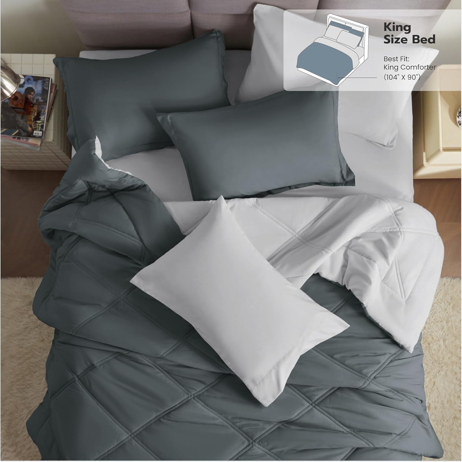 Joiedomi King Size Comforter Set with Sheets Dark Grey, 7 Pieces King Bedding Set with 1 Down Alternative Comforter, 1 Flat Sheet, 1 Fitted Sheet, 2 Pillowcases and 2 Pillow Shams, Bed in a Bag