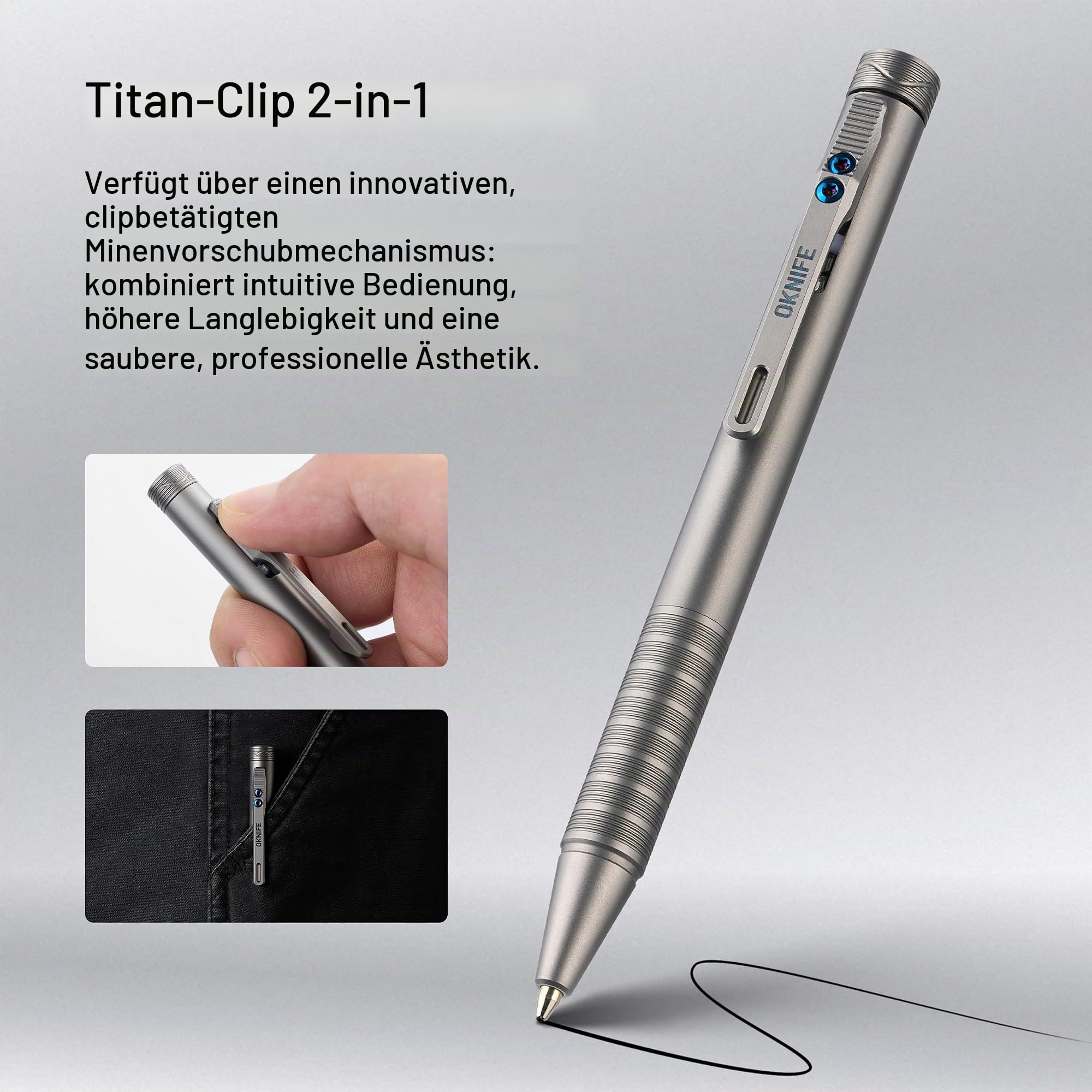 OKNIFE B1 Ti Titan EDC Kugelschreiber mit Clip 2 Minen Büro Arbeit | Leichter Titan Stift mit praktischem Betätigungsmechanismus, 2 Minen für Büro und Arbeit,Taschenkugelschreiber