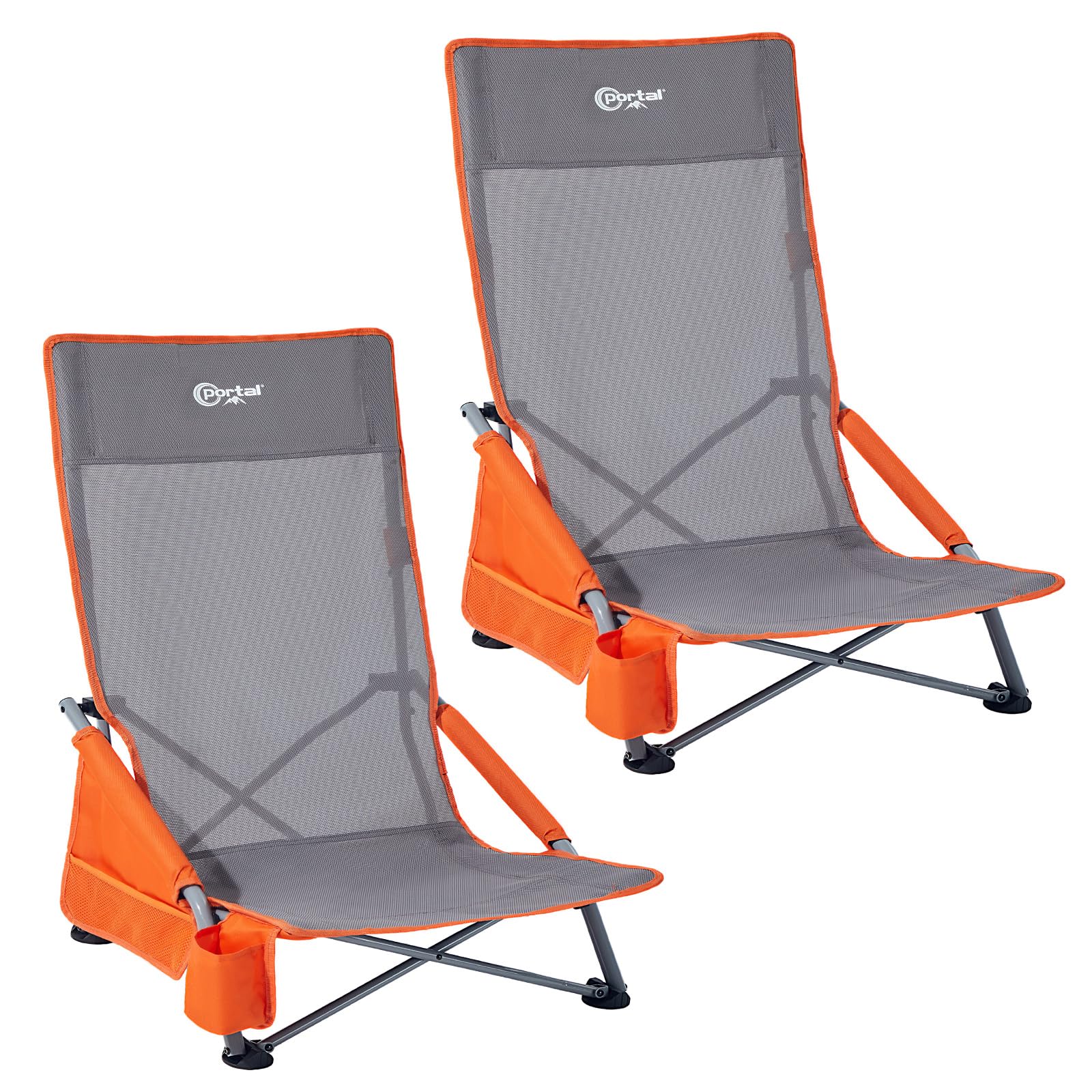 Portal Set di 2 sedie da spiaggia con schienale alto, leggere, basse, portatili per adulti, pieghevoli, per spiaggia, festival, picnic, sedia a sdraio, per esterni, con portabicchieri, rete
