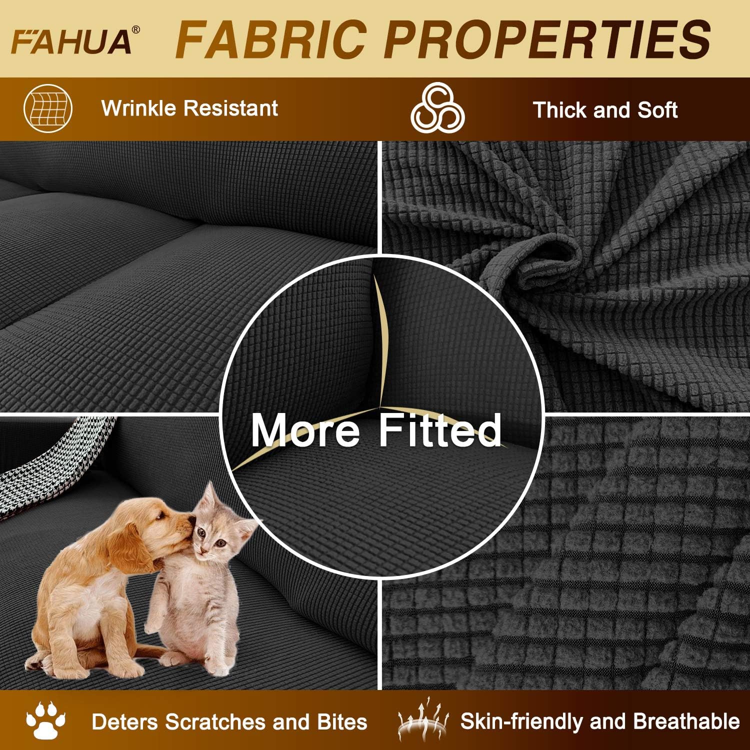 FAHUA 4 Piece High Stretch Couch Covers for 3 Cushion Couch Soft Sofa Cover with Separate Cushion Cover Form Fit Sofa Slipcover Furniture Protector Machine Washable (Large, Black)