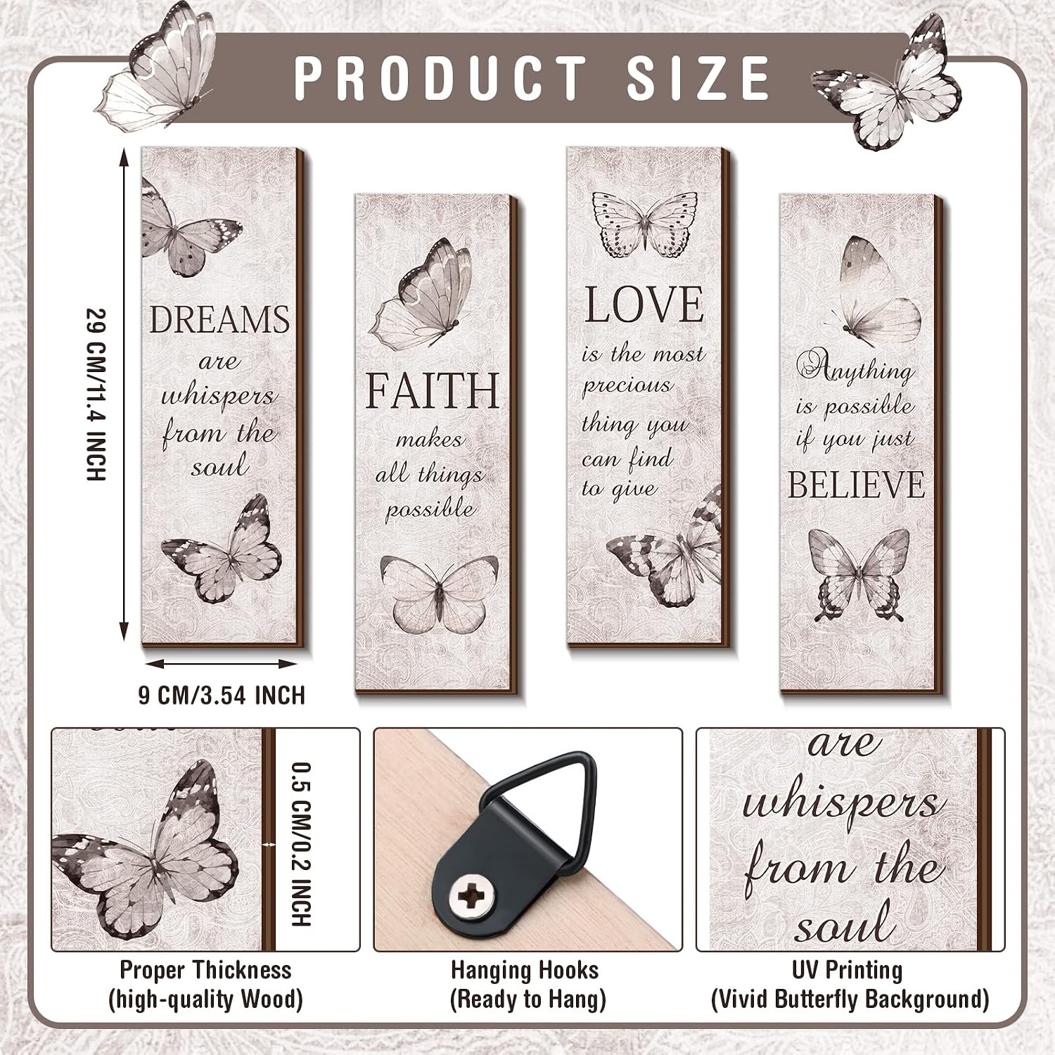 Qunclay 4 Pcs Butterfly Wall Art Wooden Decor, 11 x 4 In image 2