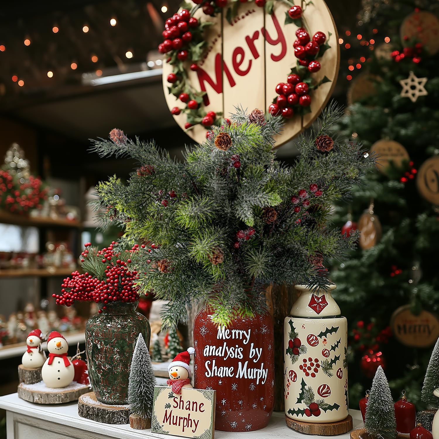 10PCS Artificial Pine Branches with Red Berry Snowy Pine Cones Fake Greenery Stems Picks Winter Greenery Sprays