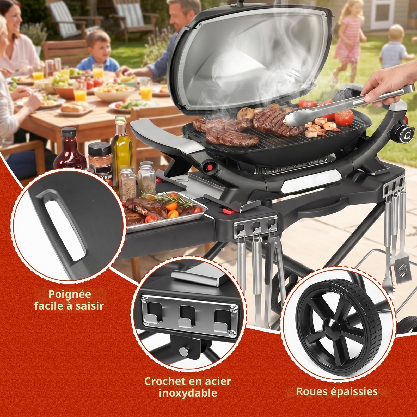 Denmay Chariot de barbecue portable avec roue pour Weber Q1200, Q1000, Q2200, Q2000, pour plaques de barbecue Blackstone 43 cm 56 cm, pliable, support de barbecue pour l'extérieur