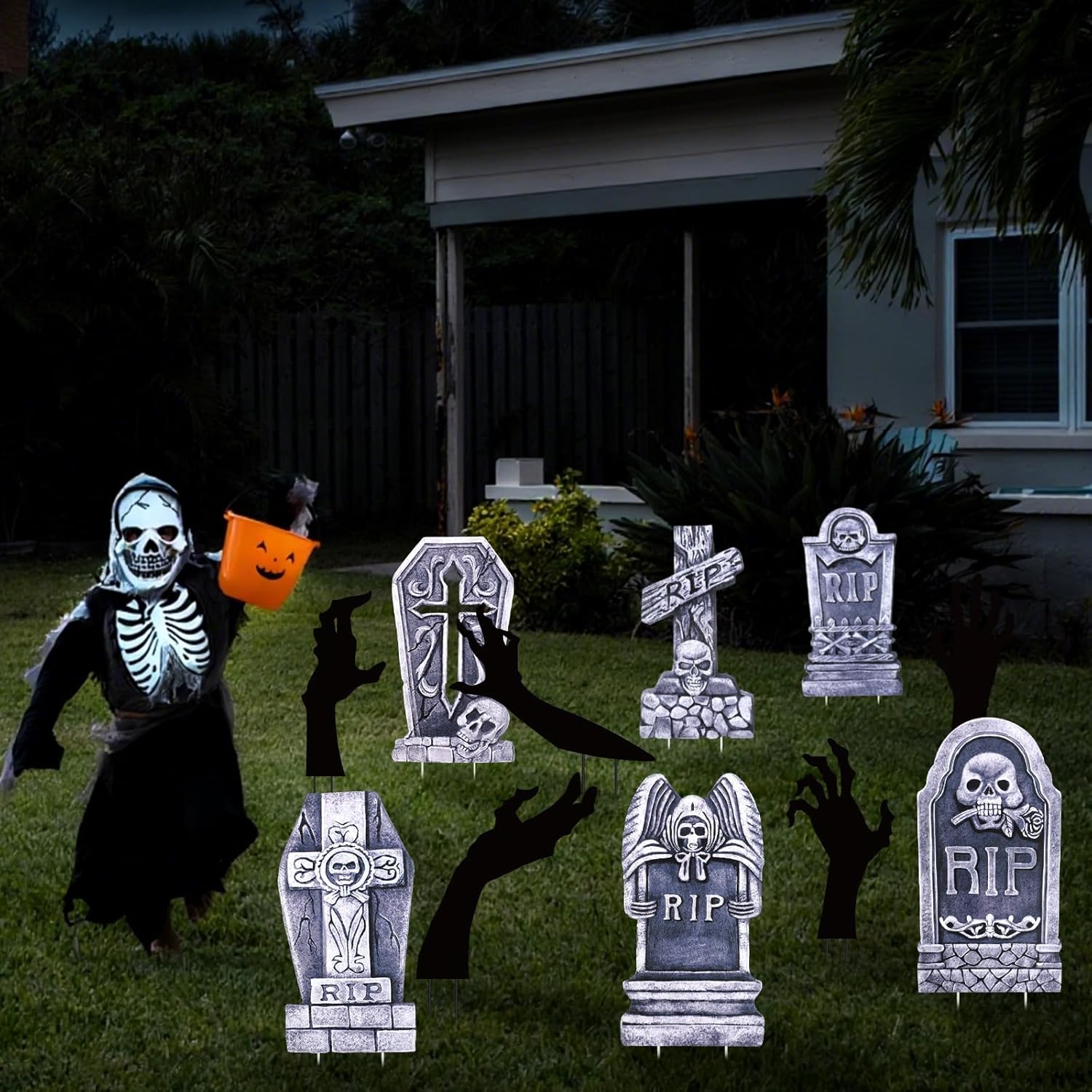 Yerliker Halloween Yard Decoration Signs 6 Pcs Tombstone for Halloween Decorations Graveyard Decor 5 Pcs Black Hand Shaped Yard Signs Horror Silhouette Decor Headstones for Party Outdoor Lawn Garden