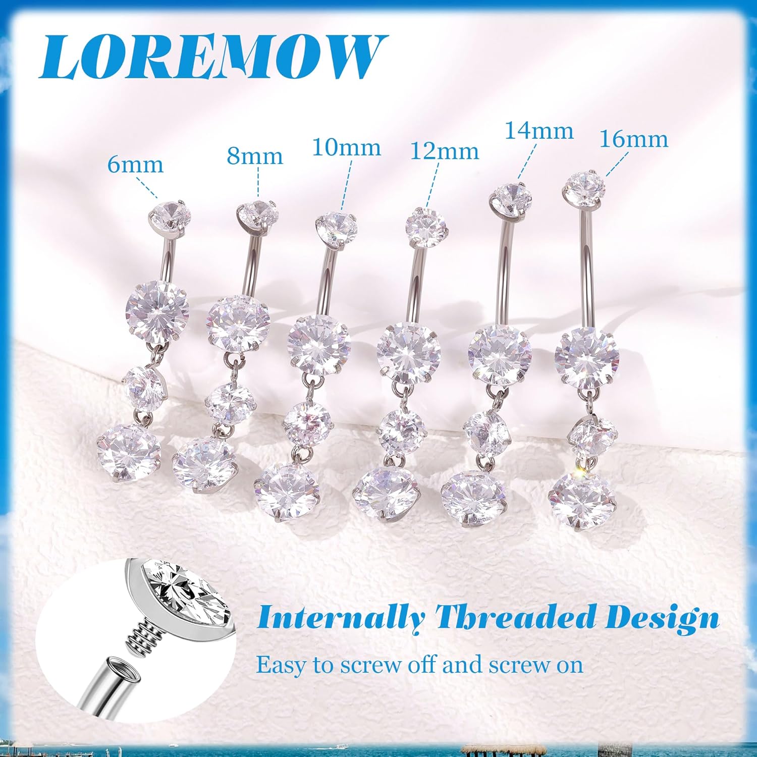 14G G23 Pure Titanium Dangle Belly Button Rings for Women Hypoallergenic CZ Belly Ring Curved Barbell Navel Ring Internally Threaded Dangling Navel Piercing Jewelry 6-16MM - Image 3