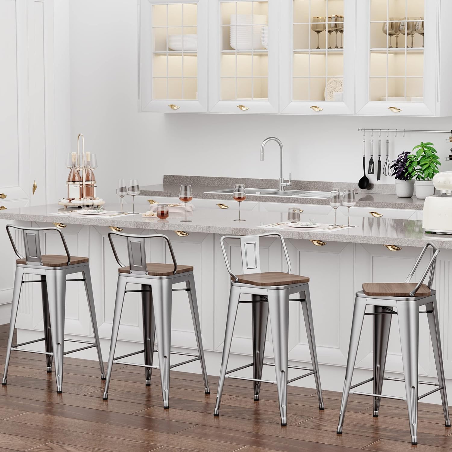 Changjie Furniture 30 Inch Swivel Bar Stools Set of 4 with Backs Counter Height Industrial Barstools for Kitchen Island (Swivel 30 inch, Silver Wooden)