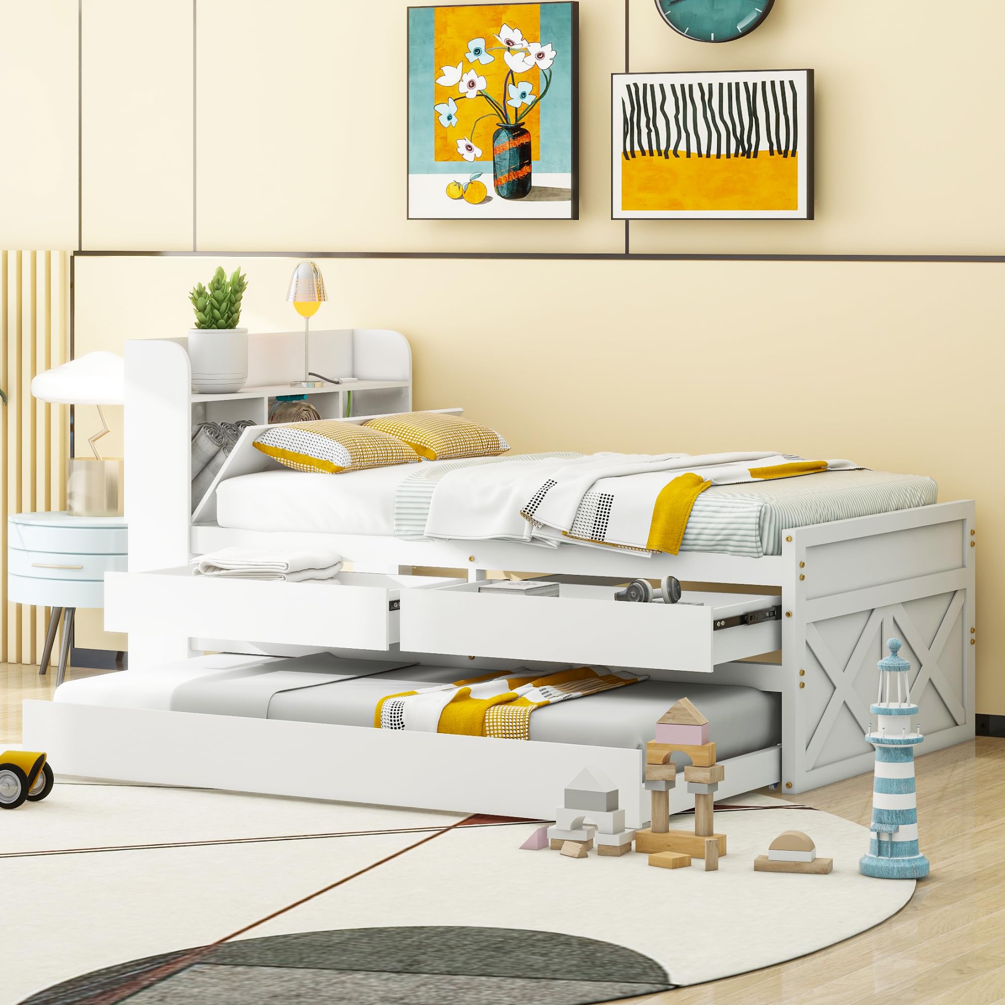 Einzelbett 90x190 mit USB & Schublade, Massivholz-Bett mit ausziehbarer Bett & Nachttisch, Bettgestell mit Lattenrost für Kinder Jugendliche Gäste, Weiß
