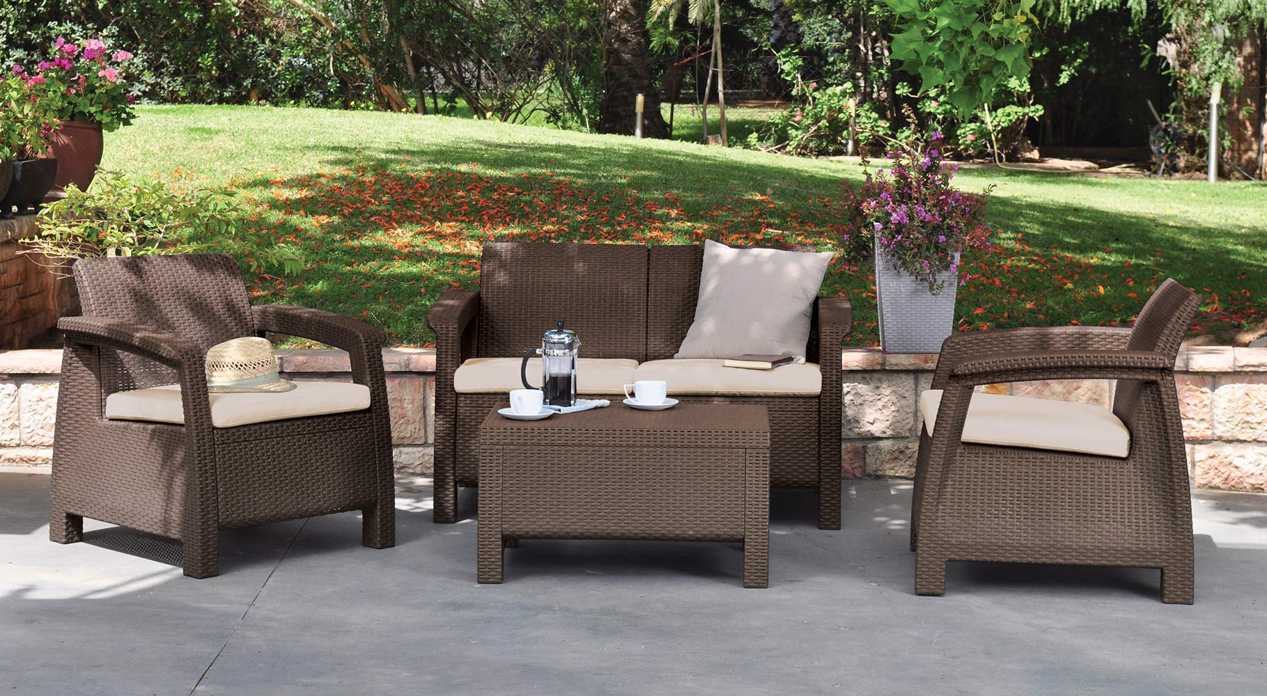 Keter Corfu Resin Wicker Loveseat With Outdoor Cushions Patio
