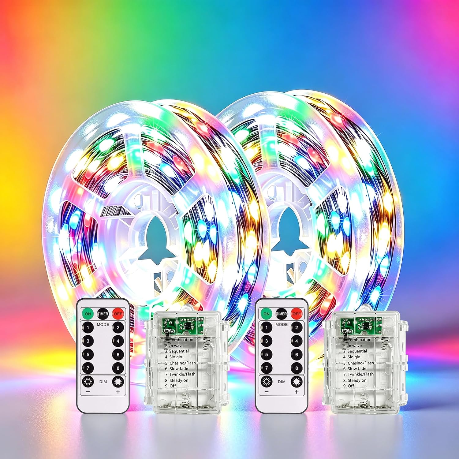 2 Pack Battery Operated LED Fairy Lights with Remote, 33ft 100LED Multicolor Twinkle Lights, Waterproof String Lights for Bedroom with Reel for Wedding Party Christmas Decor