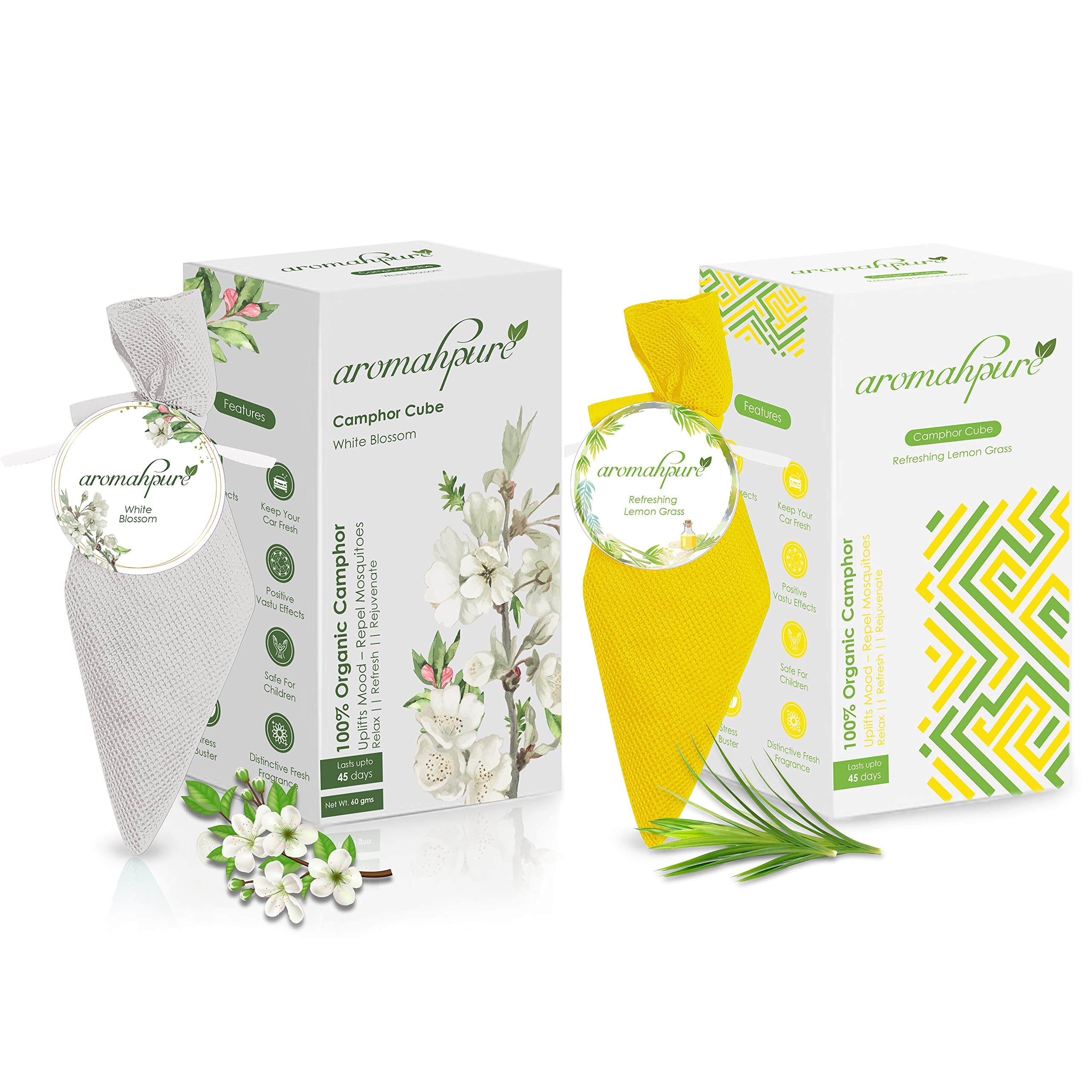 Aromahpure Camphor Cube | Pack of 2| Refreshing Lemongrass & White Blossom Fragrance | 45 Days Last Long| 100% Pure & Organic Camphor Cube for Car, Room, Bathroom & Air Freshener