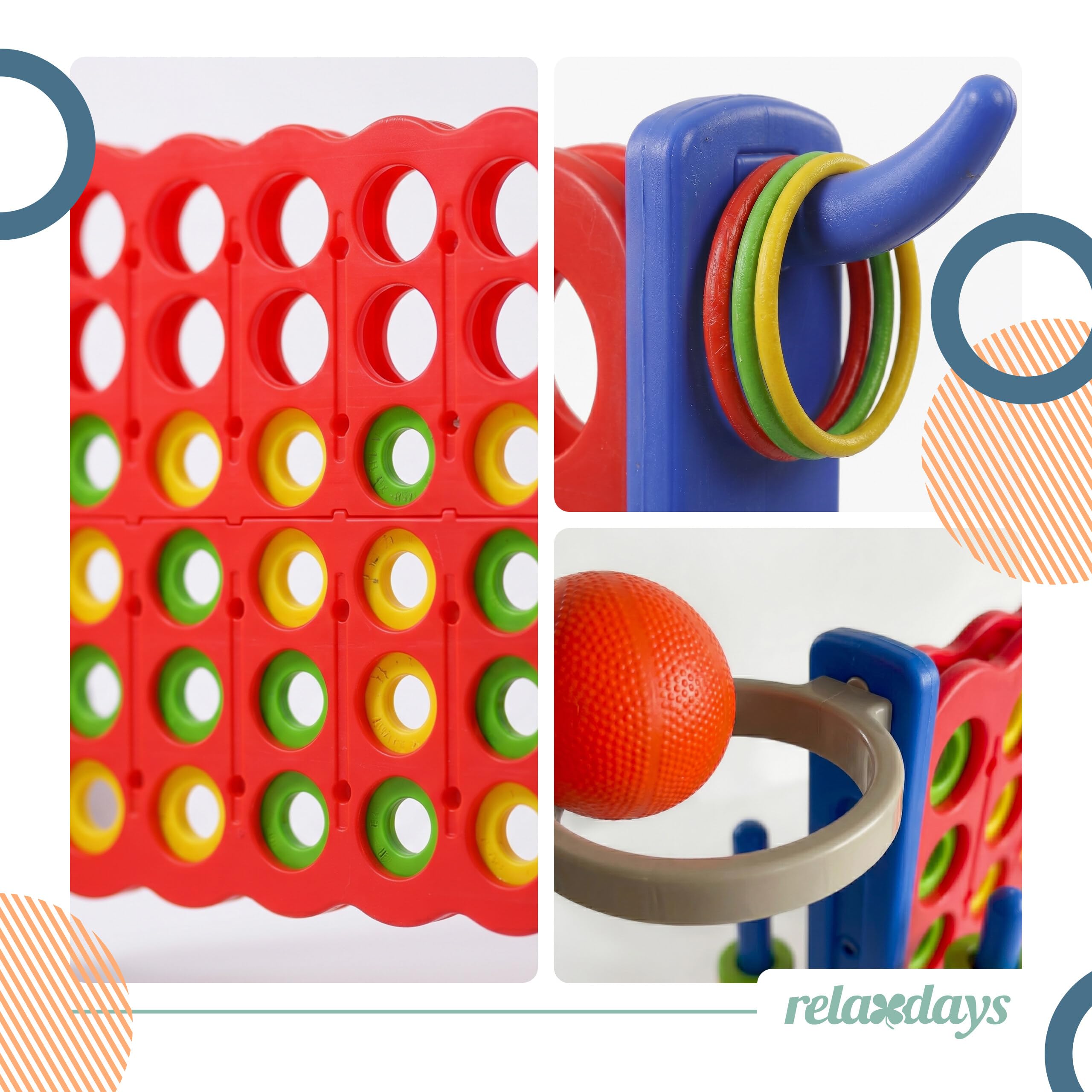 Relaxdays Vier Gewinnt XXL, Outdoor, 3 in 1, Kinder & Erwachsene, HBT 88x121x44 cm, Wurfspiel Basketball & Ringe, Farbe