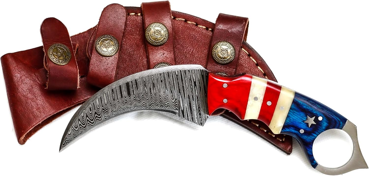 Custom Handmade Damascus Steel Hunting Knife with Sheath | 7.5'’ EDC Fixed Blade Hunting Skinning Knives For Men and Women Demasticus Camping Survival Belt Knifes For Horizontal Carry with American Flag Handle