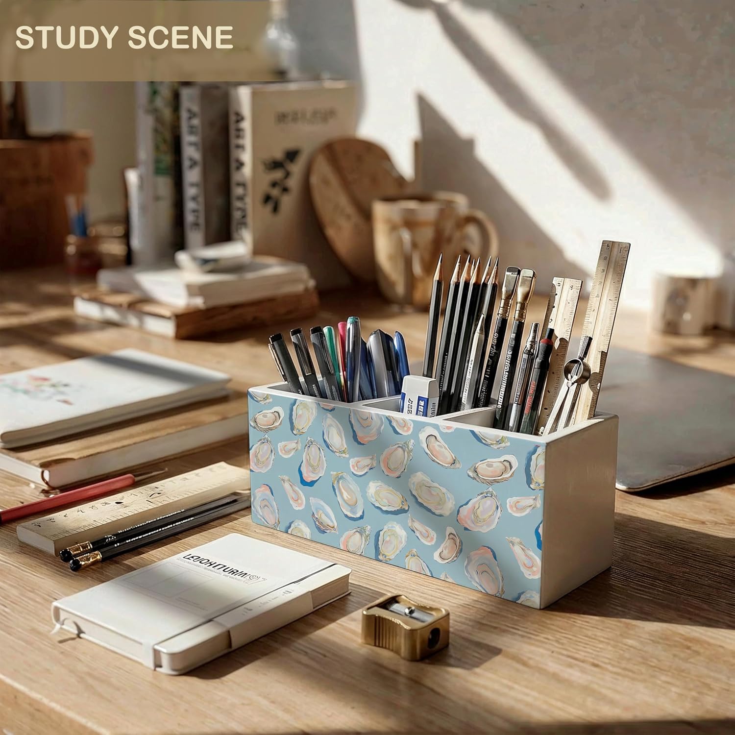 Coastal Beach Oyster Shell Wooden Pencil Pen Holder for Desk Organizers and Accessories, Pastel Blue Nautical Ocean Oyster Makeup Brush Holder Organizer for Bathroom Vanity image 4