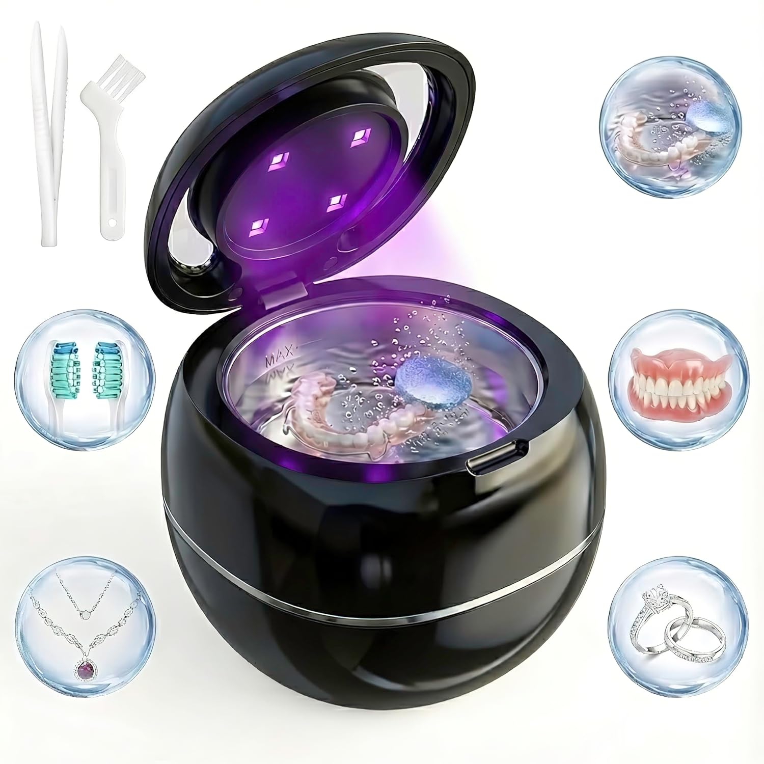 Ultrasonic Retainer Cleaner Machine, Black, 42KHZ Dental Cleaning Pod For Denture, Toothbrush Heads,Jewelry, Braces, Digital Timer with 2 Modes, 180ML,304 stainless steel inner liner