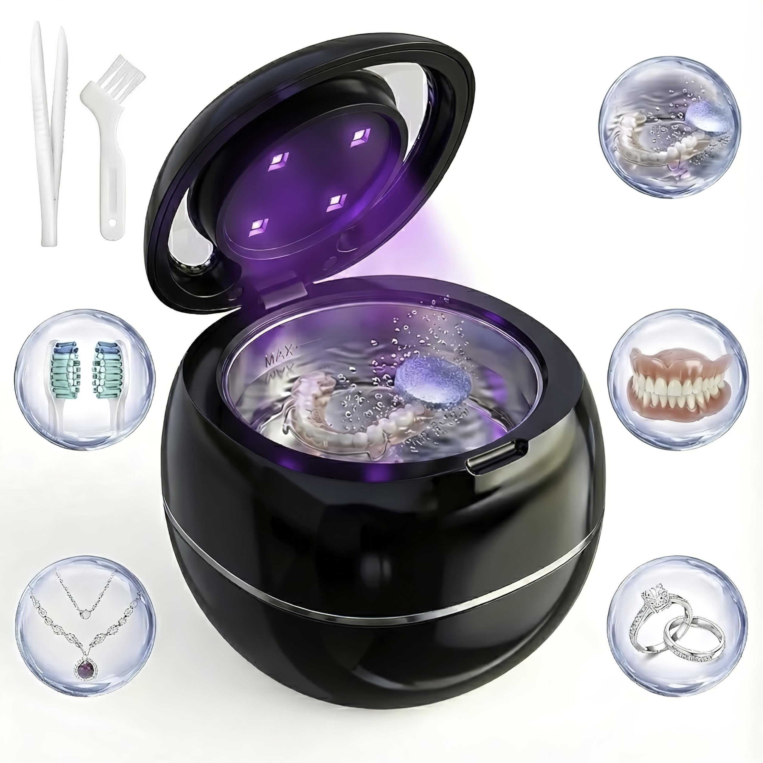 Ultrasonic Retainer Cleaner Machine Black 42KHZ Dental Cleaning Pod For Denture Toothbrush Heads Jewelry Braces Digital Timer with
