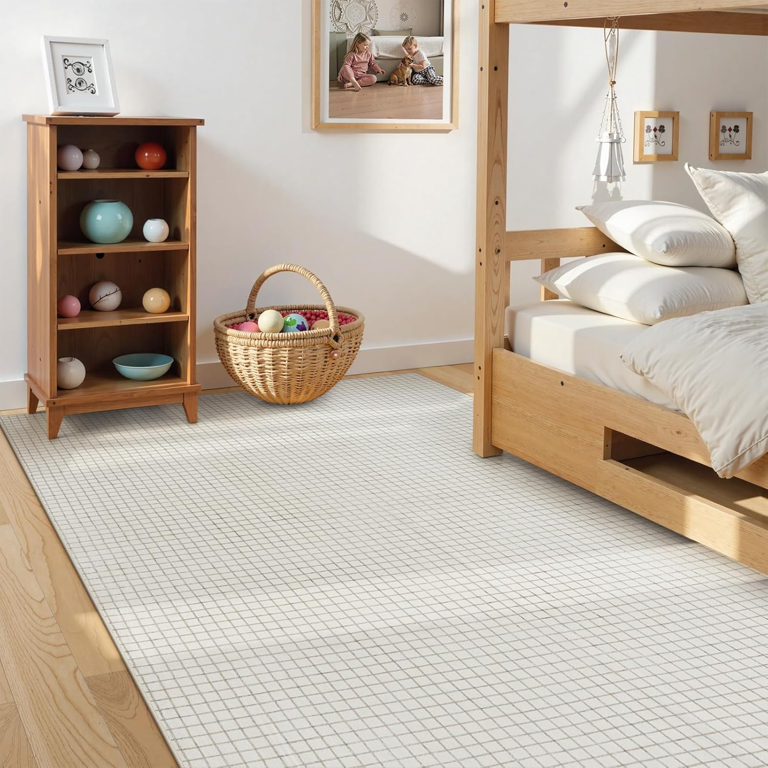 STARUIA Washable Rugs for Living Room, 5x7 Plaid Beige Area Rugs Non Slip Modern Neutral Geometric Bedroom Rug, Low Pile Soft Checkered Grid Carpet for Dining Room Nursery Home Office (Beige,5'x7')