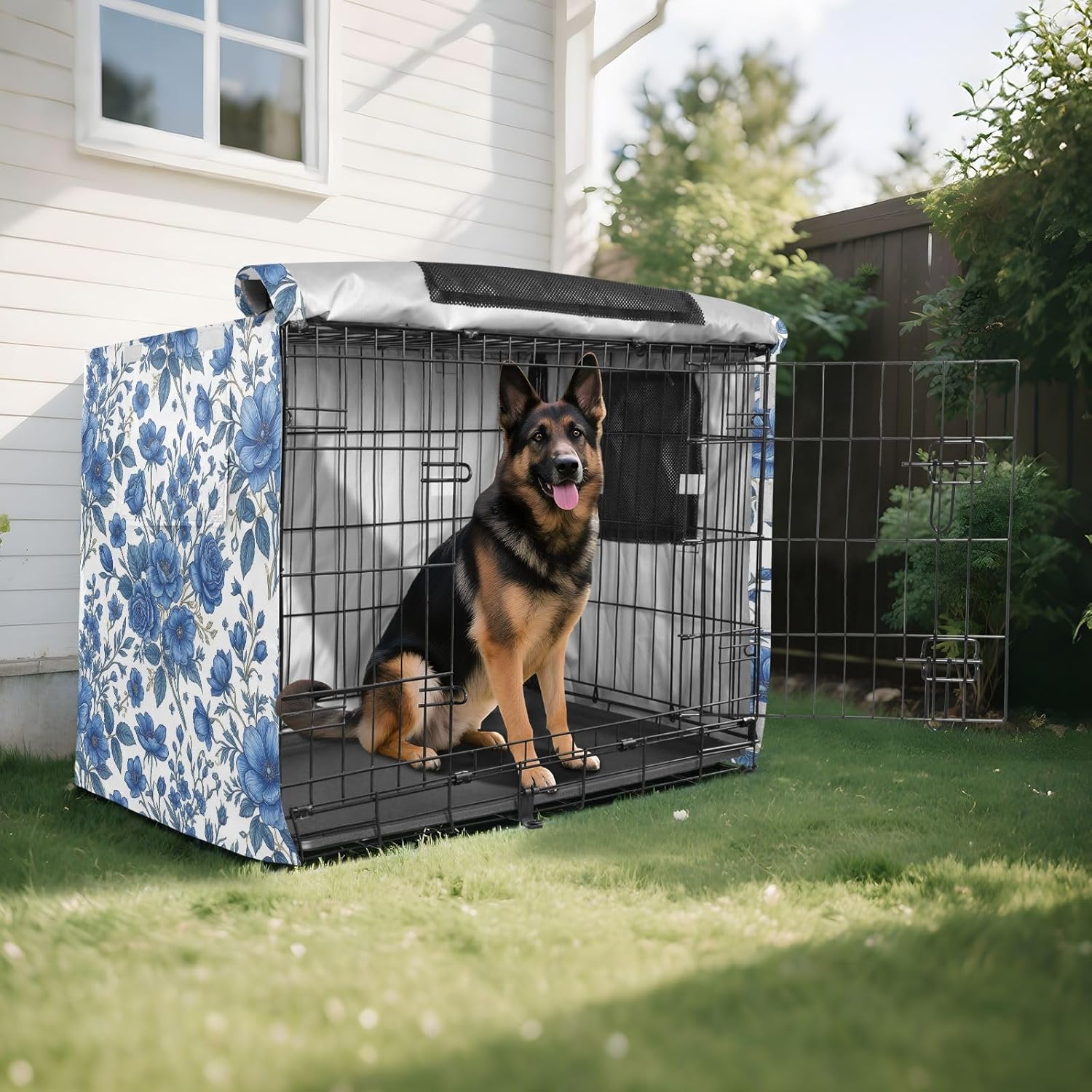 Duty 600D Silver Coated Dog Crate Cover, Water-Resistant Flowers Print Pet Kennel Canopy with Mesh Windows for Optimal Ventilation, Universal Fit for Standard Wire Cage, Indoor & Travel