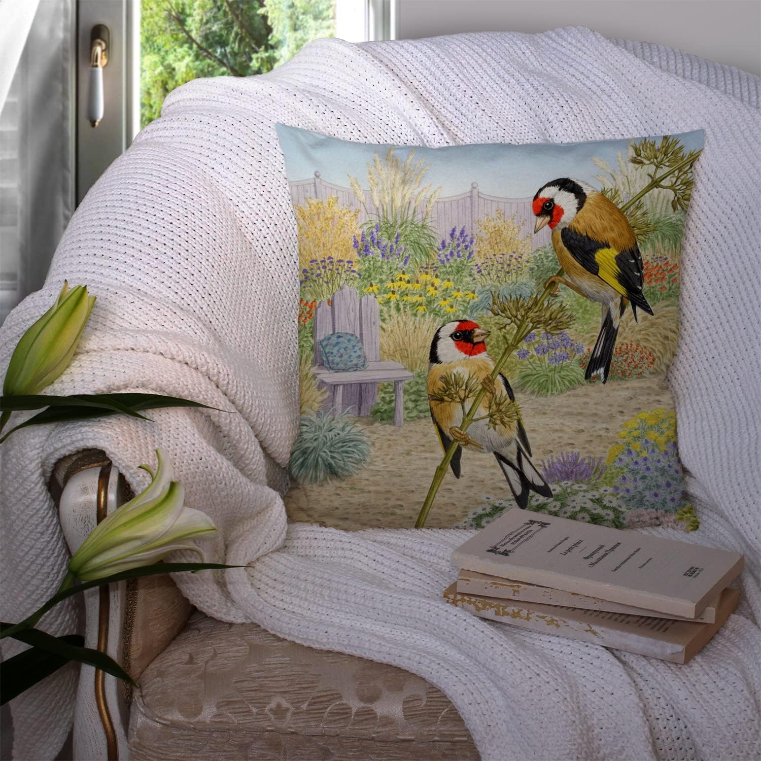 Caroline's Treasures ASAD0691PW1414 European Goldfinches by Sarah Adams Fabric Decorative Pillow Machine Washable, Indoor Outdoor Decorative Pillow for Couch, Bed or Patio, 14Hx14W