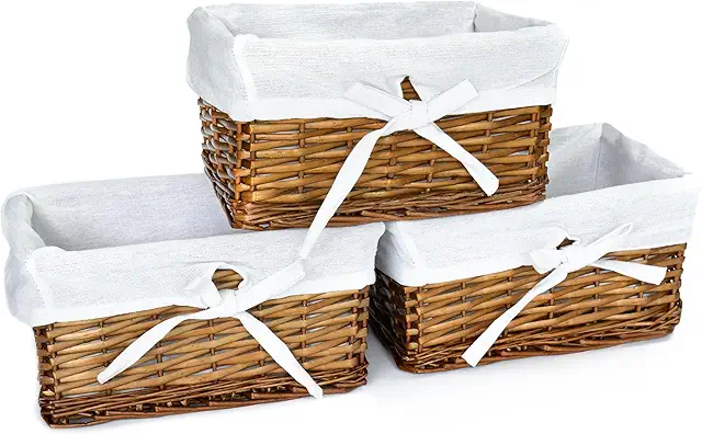 Set of 3 Small Wicker Shelf Basket Trays with Washable Linings - Distilled Brown