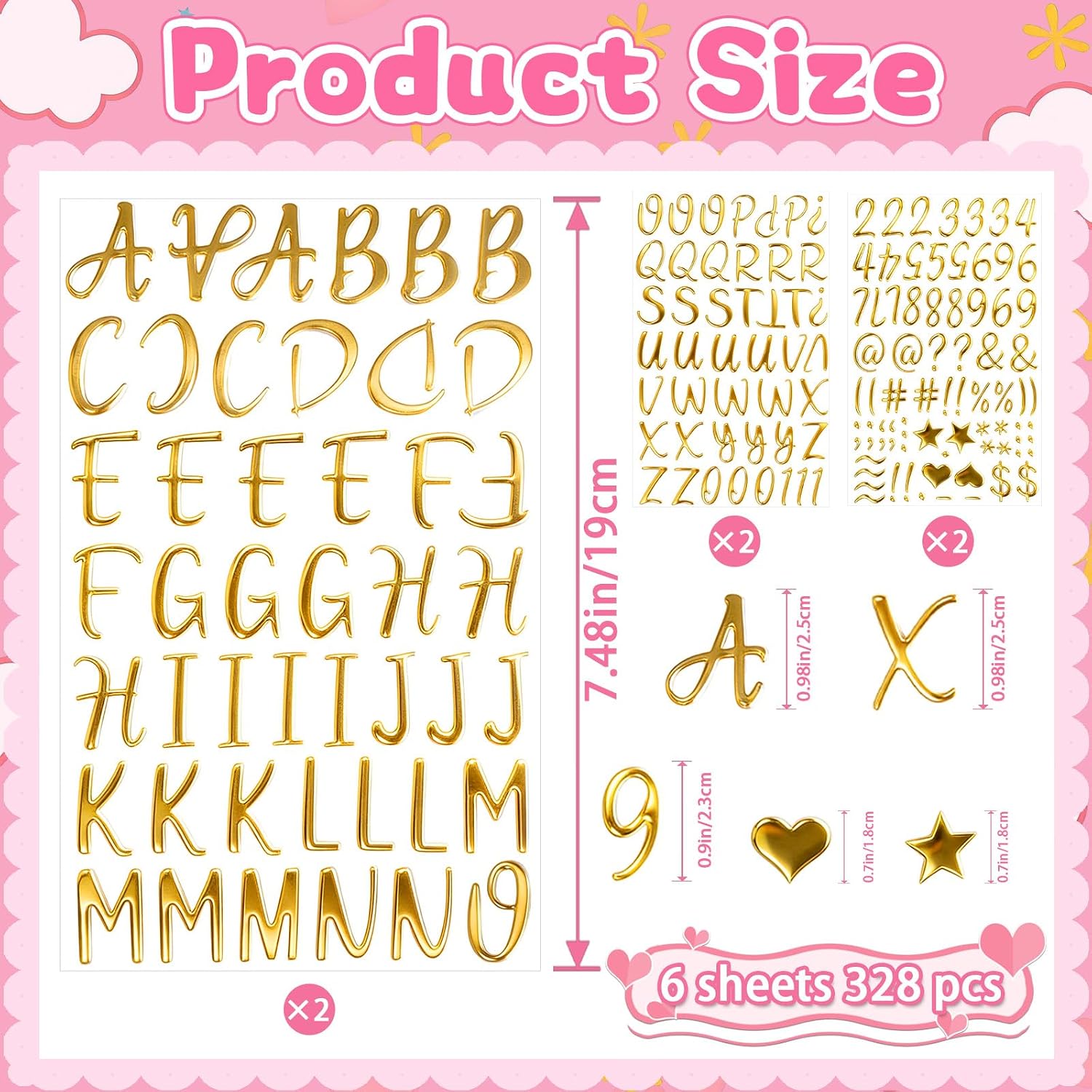 328 Pcs Gold Letter Stickers,Foam Alphabet Number Stickers 1 Inch(6 Sheets)