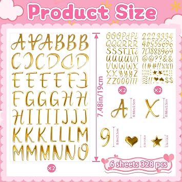 328 Pcs Gold Letter Stickers,Foam Alphabet Number Stickers 1 Inch(6 Sheets)