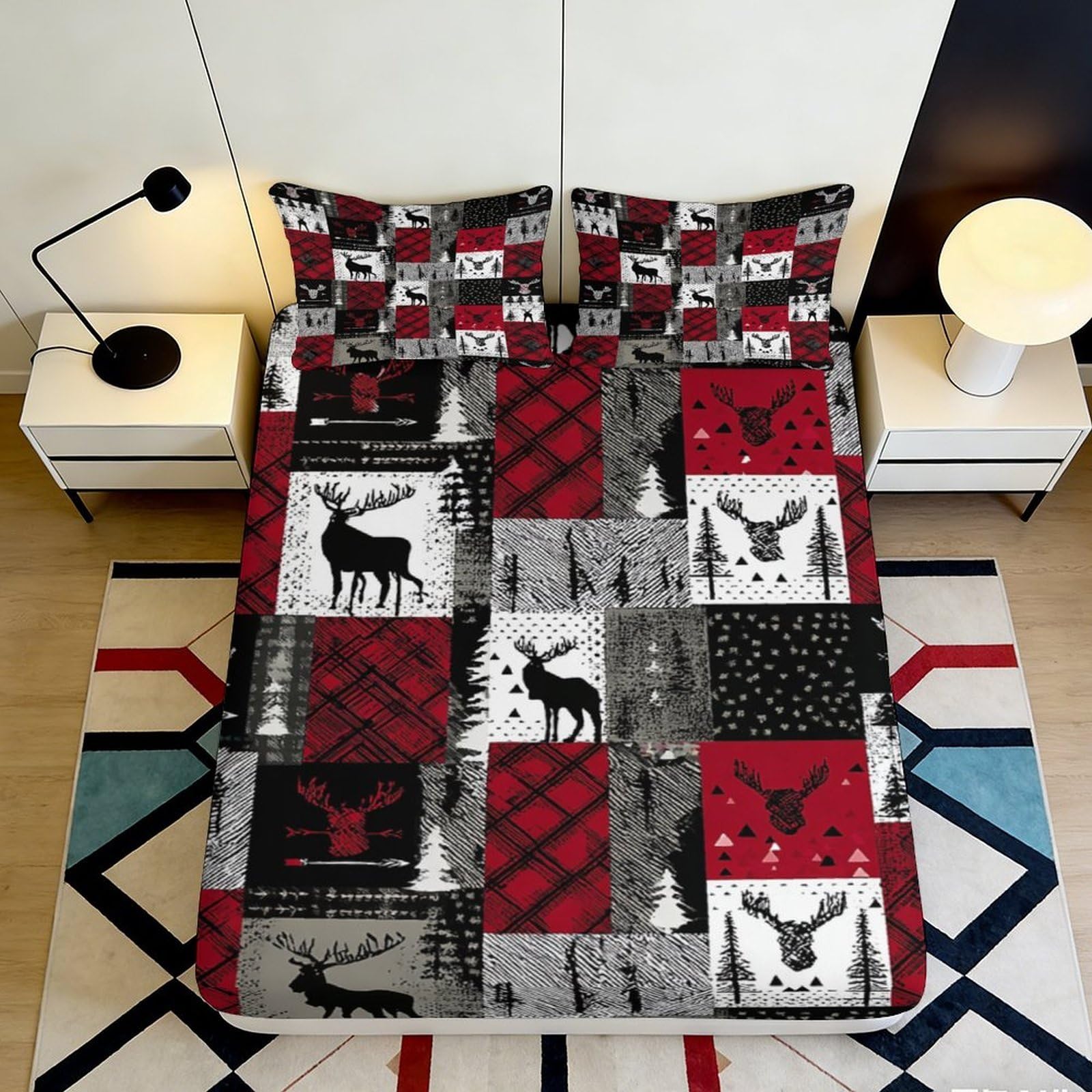 3D Printed Red Plaid Elk Fitted Sheet Microfiber Soft Breathable Forest Silhouette Mattress Cover for Bedroom Guest Room 200x200x25cm