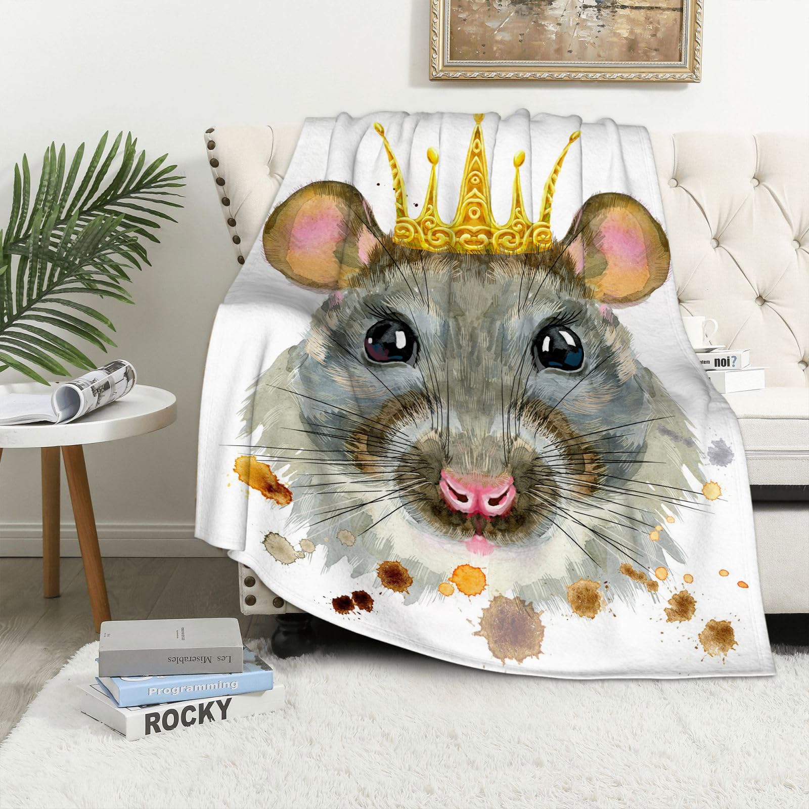 Kuscheldecke Flauschig Decke Fleecedecke Aquarellporträt Einer Ratte mit golden Wohndecke Warm Winter Weich,Decke Couch Blanket,Wohn- & Kuscheldecken 150 x 130 cm,Sofa überwurfdecke