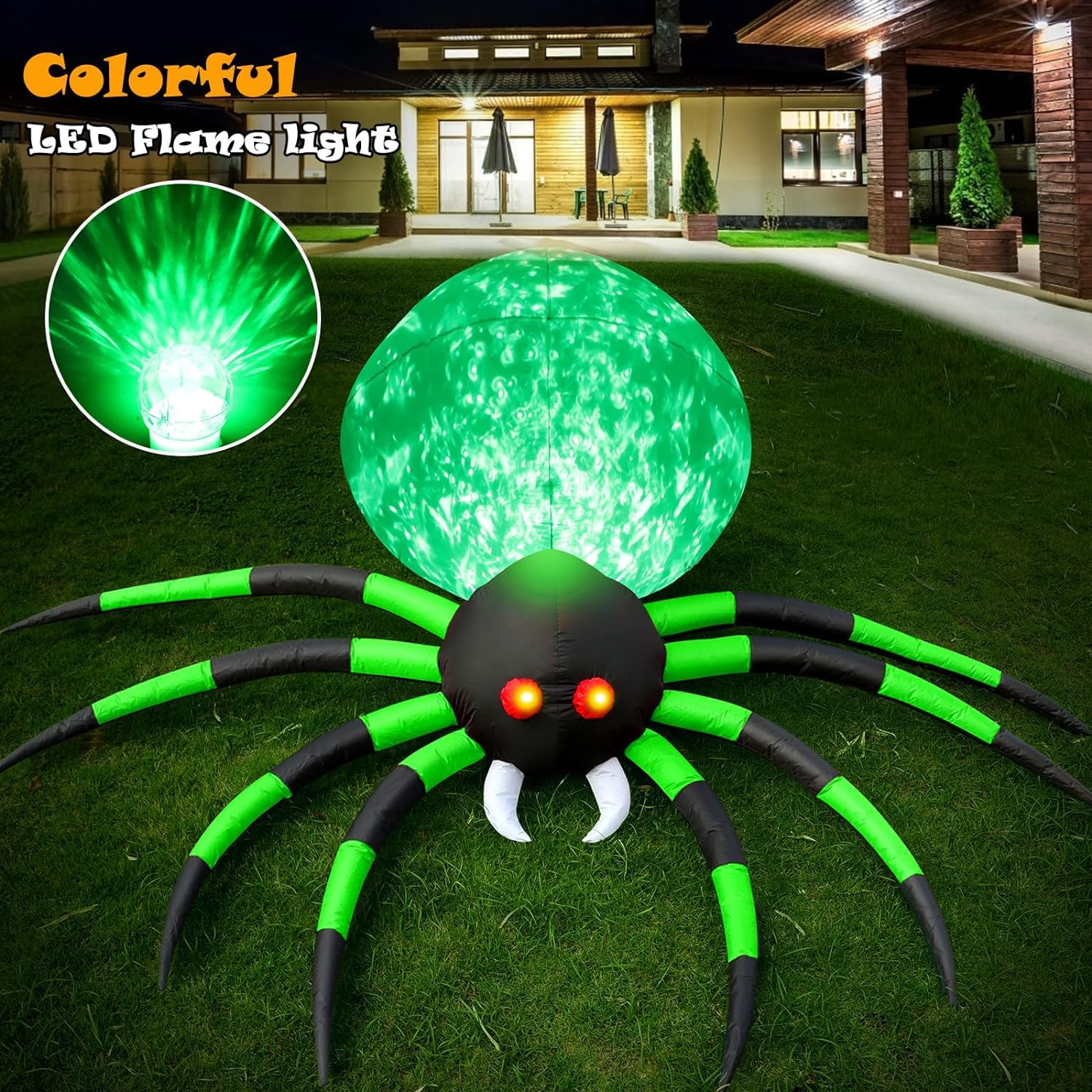 Decorazioni gonfiabili per esterni, ragno di Halloween, 2,4 m, gigante, verde con fiamma rotante che soffia, grandi oggetti di scena spettrali per feste di Halloween, giardino, prato, casa, vacanze,