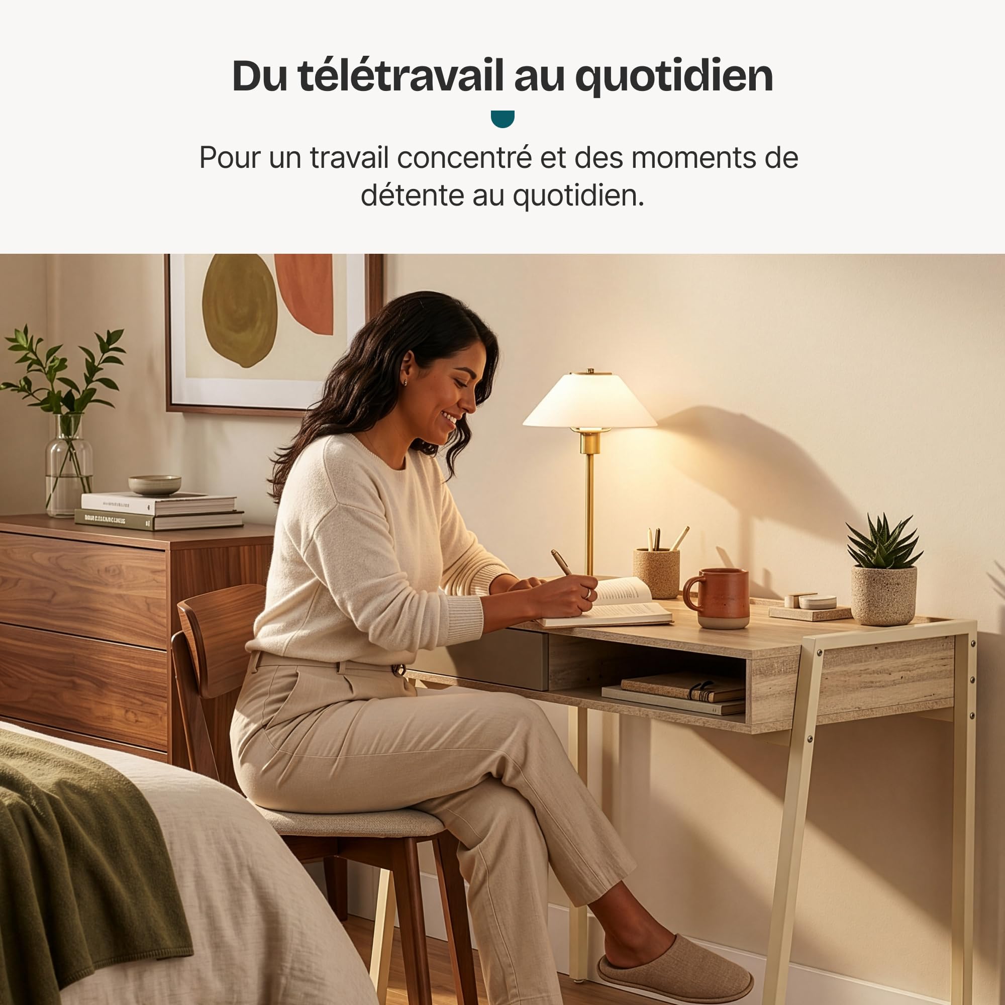 [en.casa] Bureau Boderas 107 x 55 x 78 cm Beige Effet Travertin | compartiment ouvert, tiroir, rebords surélevés, structure robuste, pieds réglables, compact, télétravail, home office