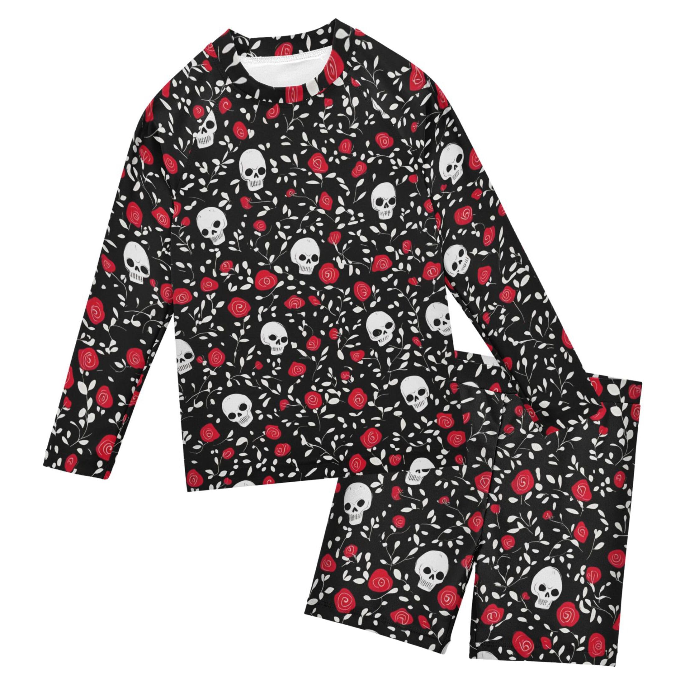 Skull Flower Boys Rash Guard Swimsuits Set for Boys Long Sleeve Swim Shirts Bathing Suits with Trunks B0404475