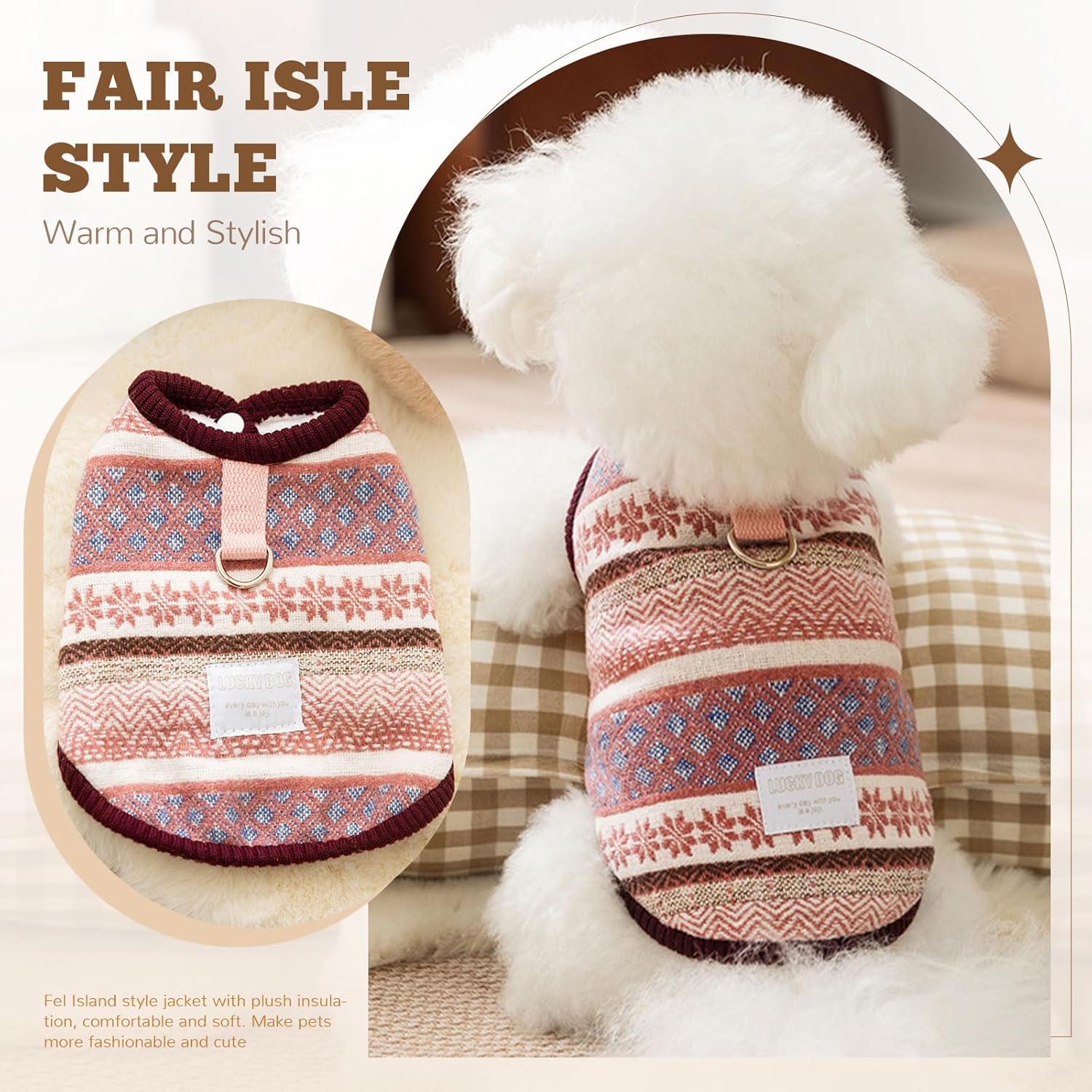 フェアアイル ドッグコートベスト 小型犬用、冬用フリース裏地付きボーイガール犬服Dリング付き、居心地の良い北欧スノーフレークパターン