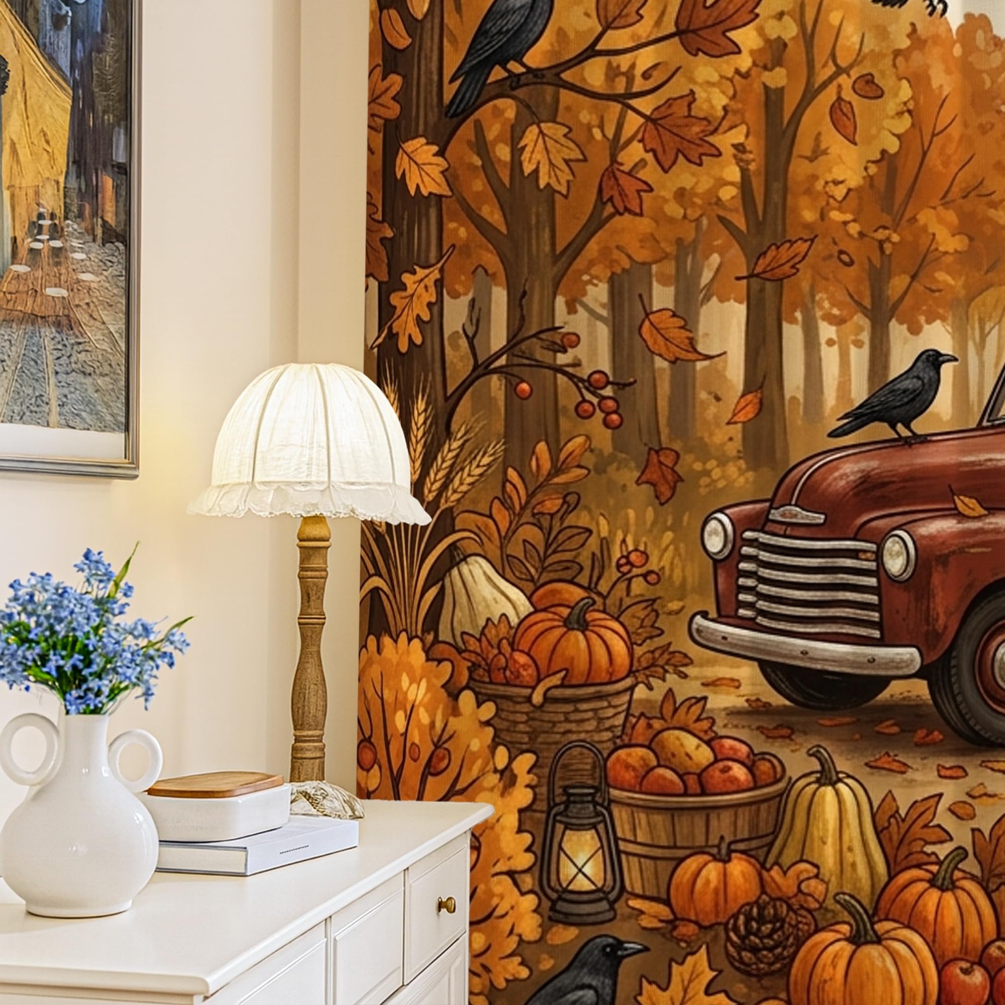 Rideaux occultants rustiques citrouilles corbeau rouge automne bureau