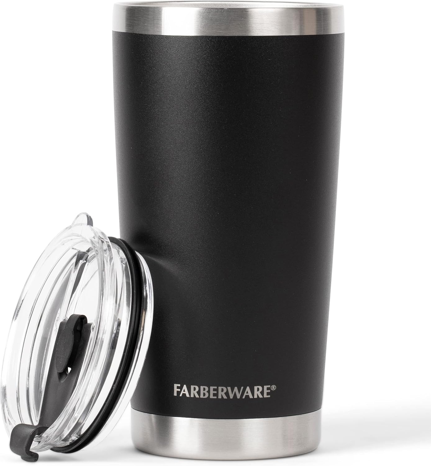 Farberware Trek Stainless Steel Tumbler With Lid, Double Walled Water Coffee Cup, 6 Hrs Hot & 24 Hrs Cold, Dishwasher Safe, Vacuum Sealed (20oz, Black)