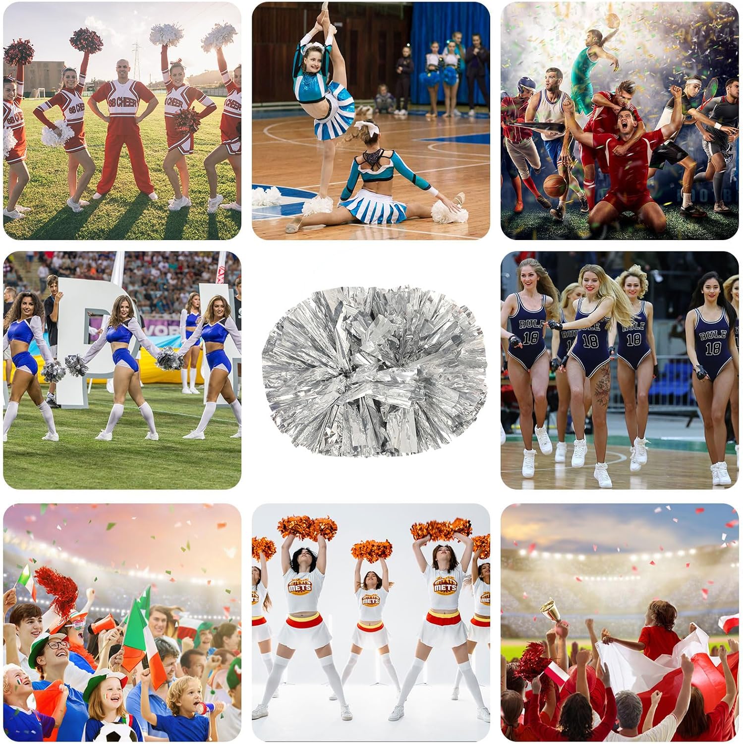 Cheerleader Pom Poms 12 Pack Sports Dance Cheering Plastic Metallic Cheerleading Pom Poms for Kids Adults-Handle (Silvery)