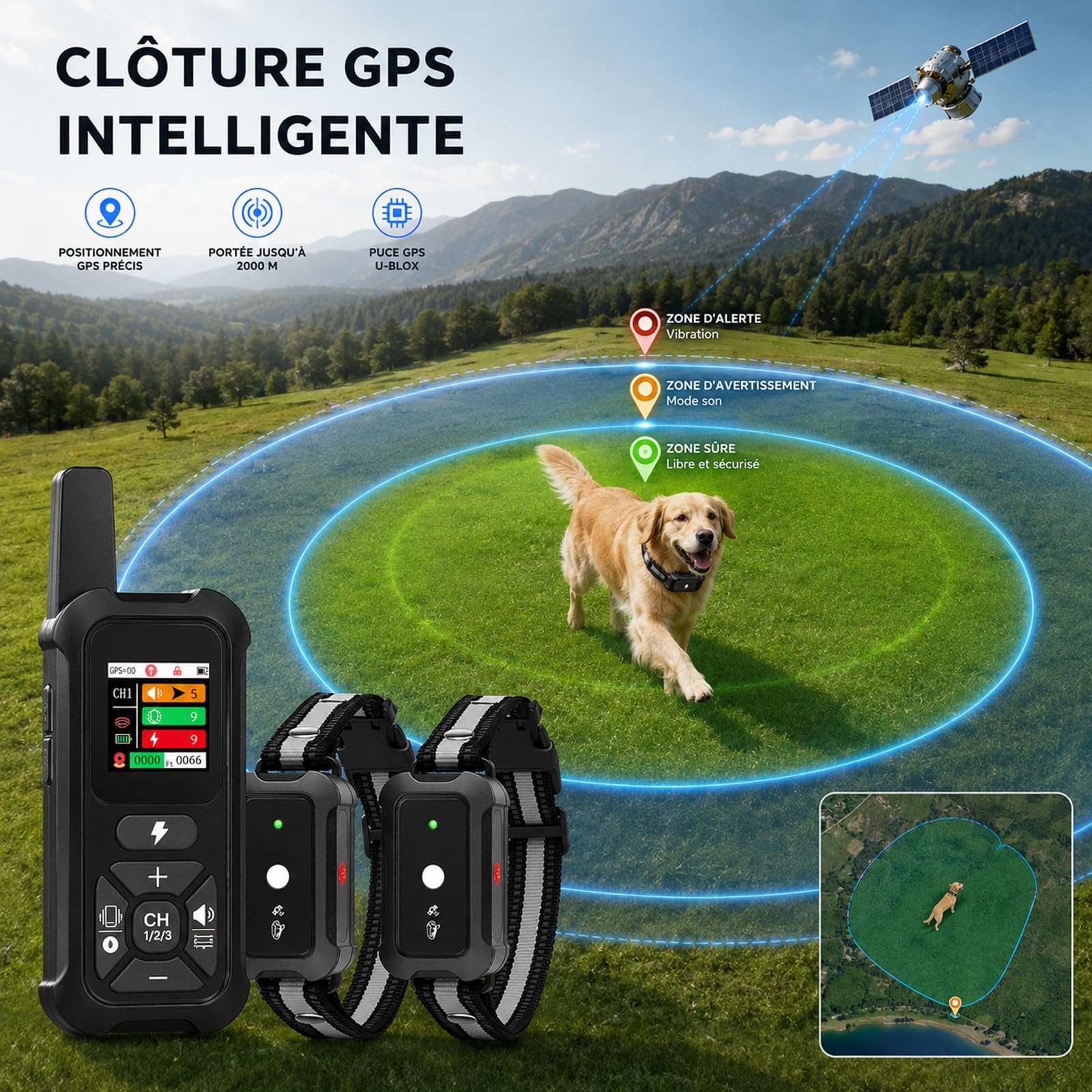 Collier Anti Fugue pour Chien, Clôture GPS Intelligente, 3 Modes d'Entraînement, Portée 2000 m, Nylon Réfléchissant