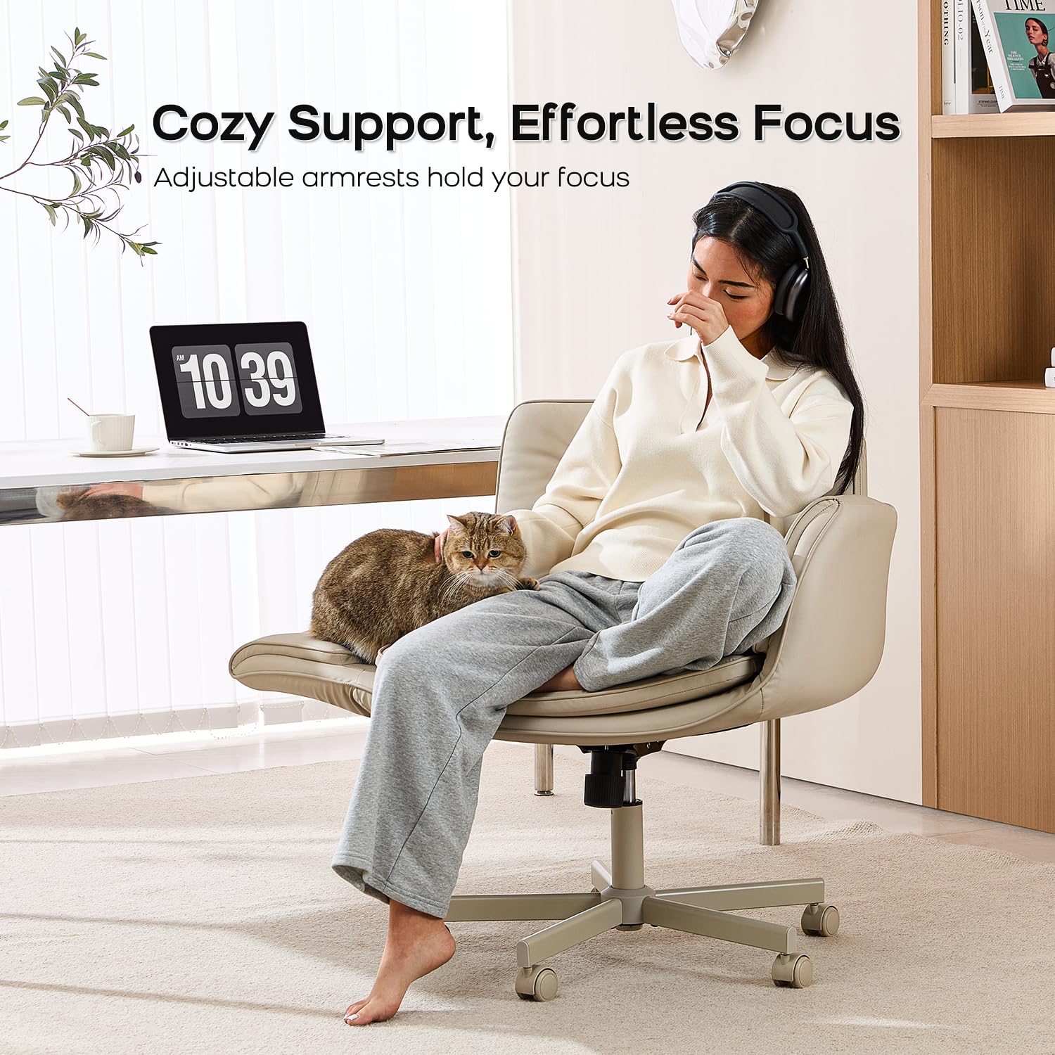 Criss Cross Chair with Armrests & Wheels, PU Leather Vanity Chair, Comfortable Adjustable Swivel Computer Office Desk Chairs for Home, Make Up, Bed Room (Cream)