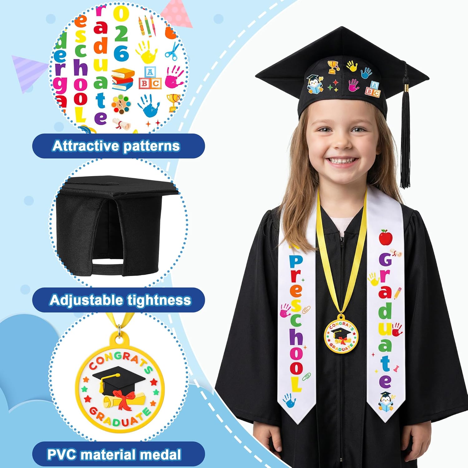 Wehhbtye 24 Pcs Preschool Kindergarten Graduation Cap Stole Iron on Letter Set, Preschool Graduation Cap Stole Decoration Includes Iron on Letters Certificate Medal for Kids Students DIY Craft