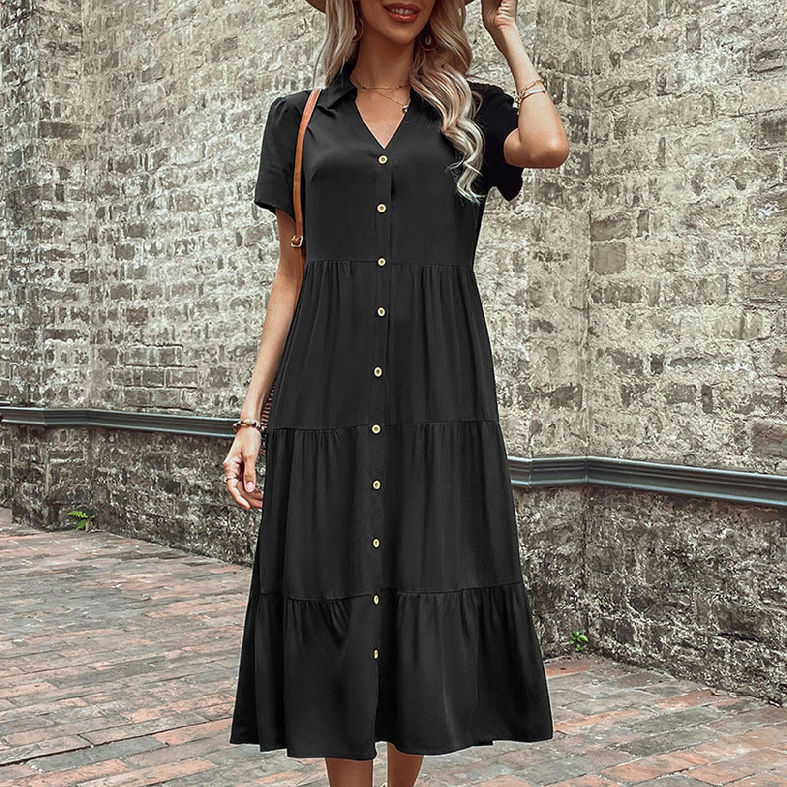 Vestidos para mujer, cuello en V, botones, manga corta, con volantes, acampanado, vestido camisero midi fluido. YYEFNMAZ