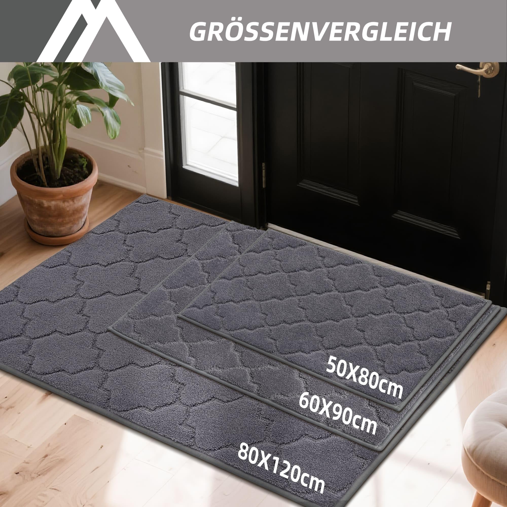 COSY HOMEER Fussmatte Innen 60 x 90 cm, Schmutzfangmatte Waschbar 1,5 cm Dicke, Eingangsteppich Sauberlaufmatte Hundeteppich Maschinenwaschbar für Flur, Küche, Hintertür, Dunkelgrau