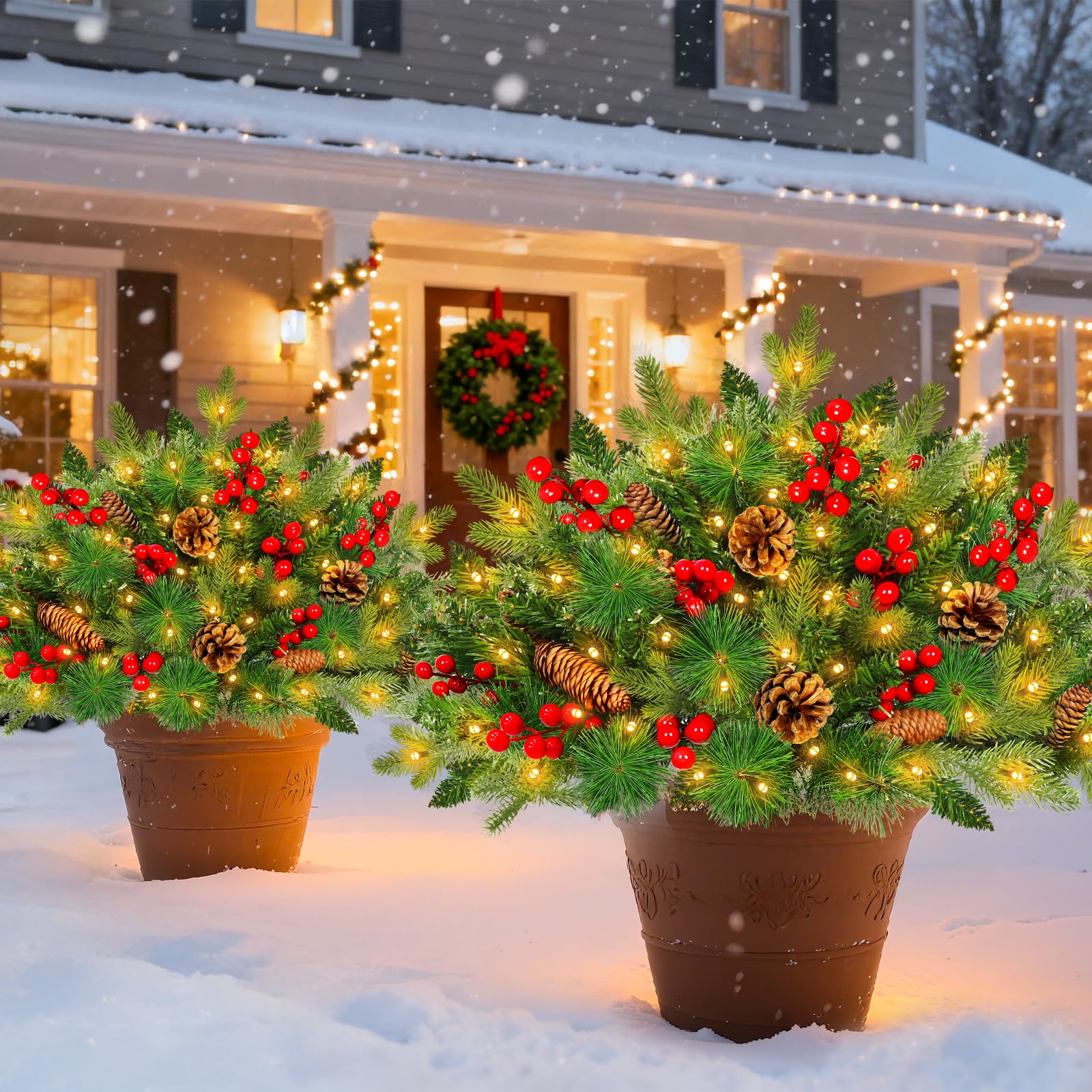 Lot de 2 urnes de sapin de Noël de 55,9 cm, minuterie pré-éclairée, 8 modes, 40 lumières LED avec 3 styles de branches, trépied, pommes de pin et baies, alimentation par piles, décoration d'extérieur
