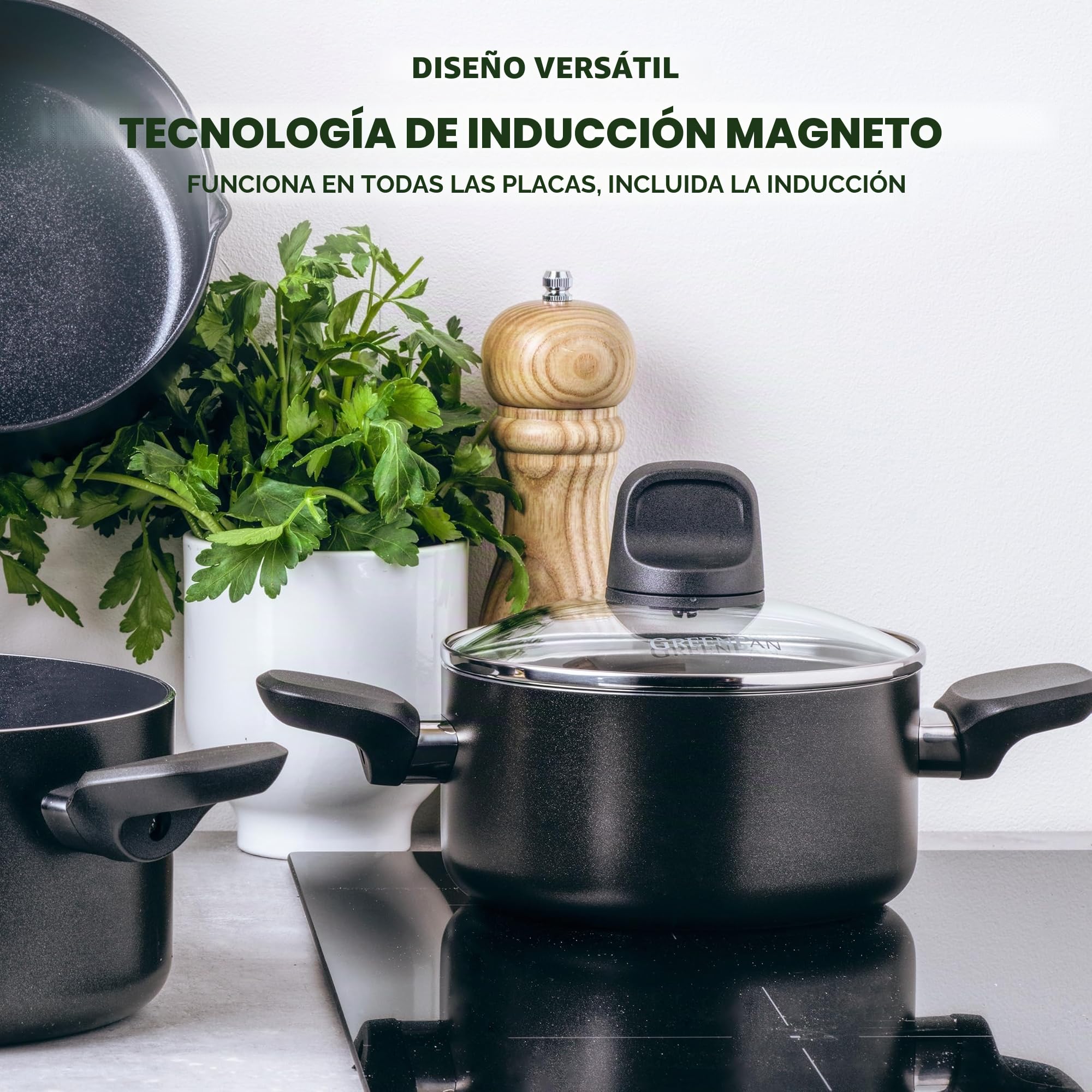 GreenPan Batería de Cocina Antiadherente de Aluminio con Revestimiento de Cerámica, Apta para Todo Tipo de Cocinas, Inducción, Horno y Lavavajillas, 4 piezas, Negro