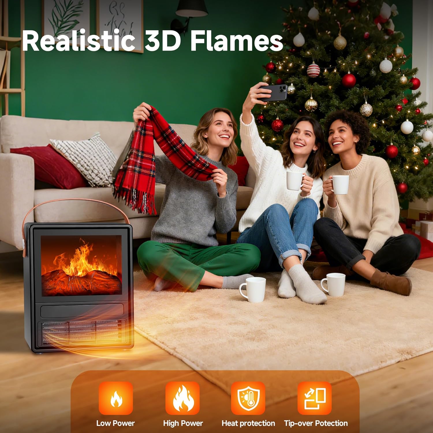 FLAME&SHADE Portable Electric Fireplace Heater for Indoor Use, Fire Place Heaters with 3D LED Flame Overheat & Tilt Protection, Space Heater Small Fireplace for Home Office Christmas Decoration, Black