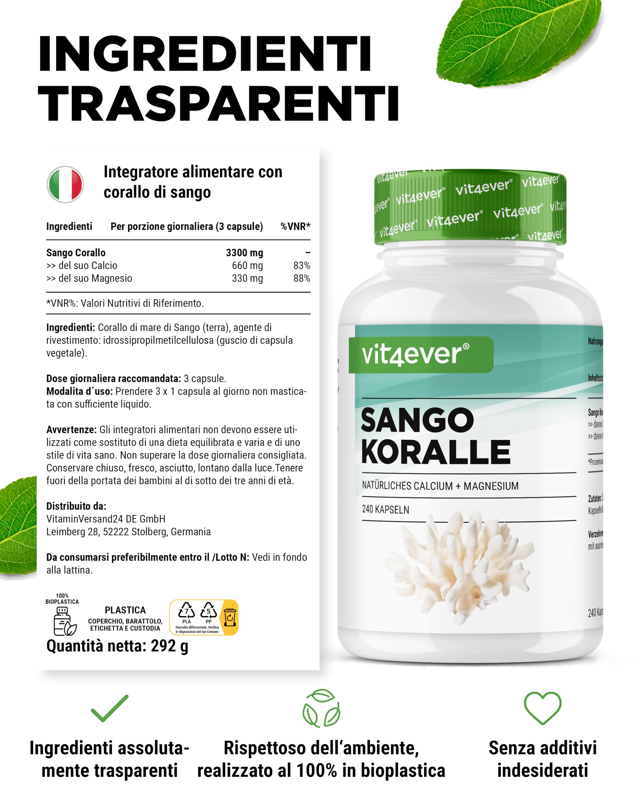 Corallo marino di Sango - 240 capsule (3 mesi) - 660 mg di calcio e 330 mg di magnesio - Fonte naturale di calcio e magnesio - Dosaggio elevato