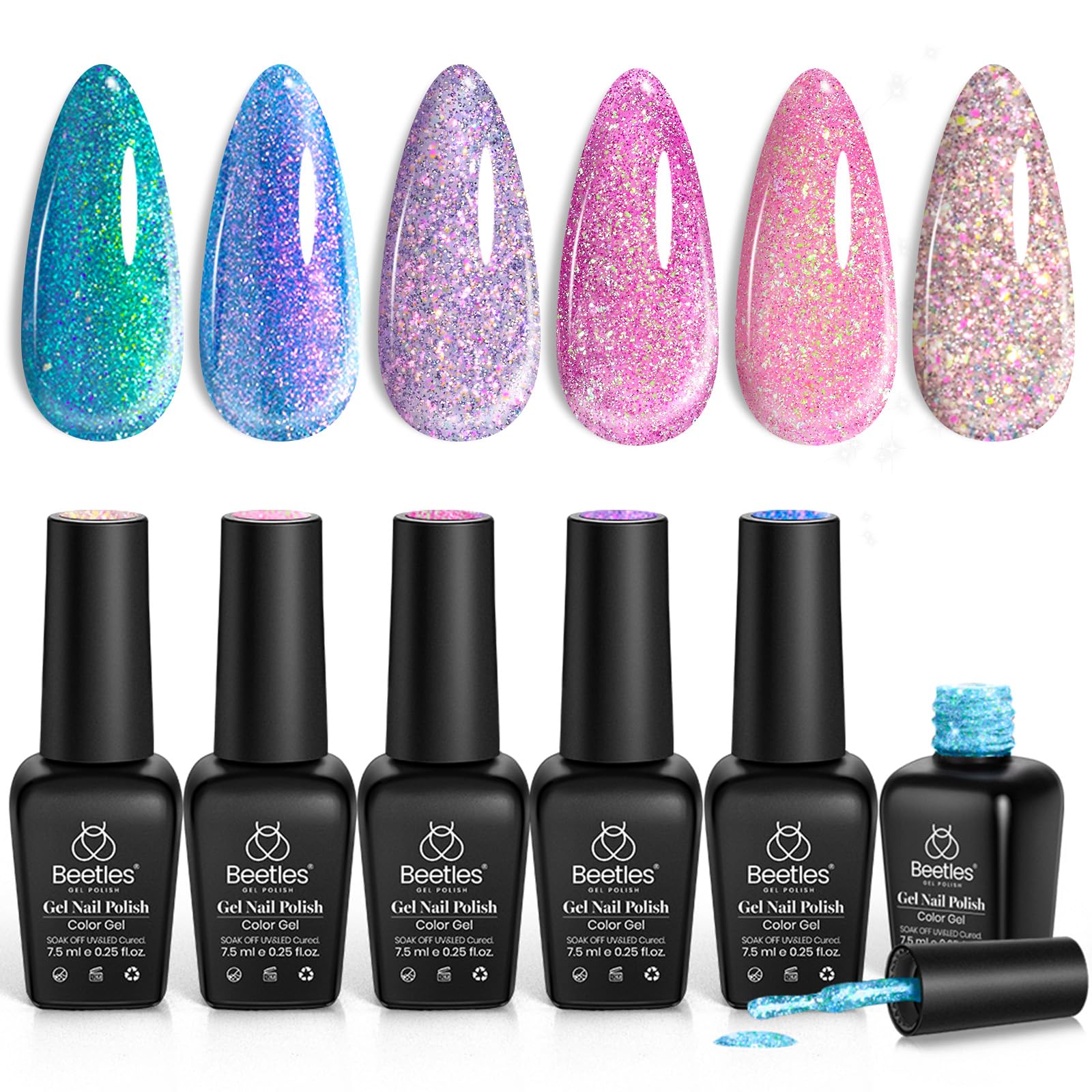 Beetles Glitter Gel Nail Polish 6 Colors Sparkle Pink Purple Blue Gel Polish Kit Chameleon Crushed Diamond Multifunction Soak off Uv Nail Gel DIY Manicure