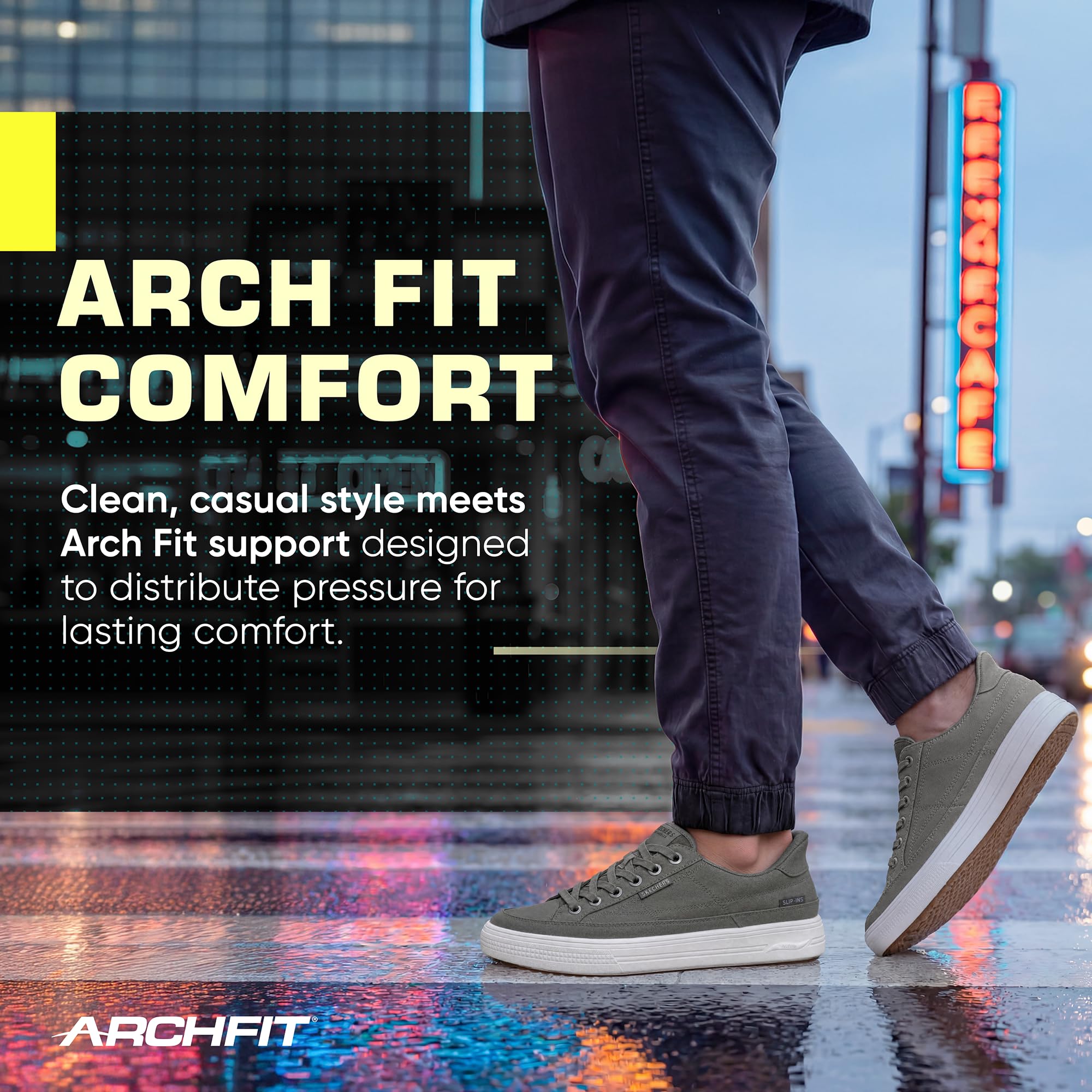 Skechers Hombre Arch Fit Arcade See Ya There Slip-In Entrenador | Zapatos casuales, sin cordones, lavables a máquina, sello de aceptación APMA, plantilla extraíble, sin cordones, veganos