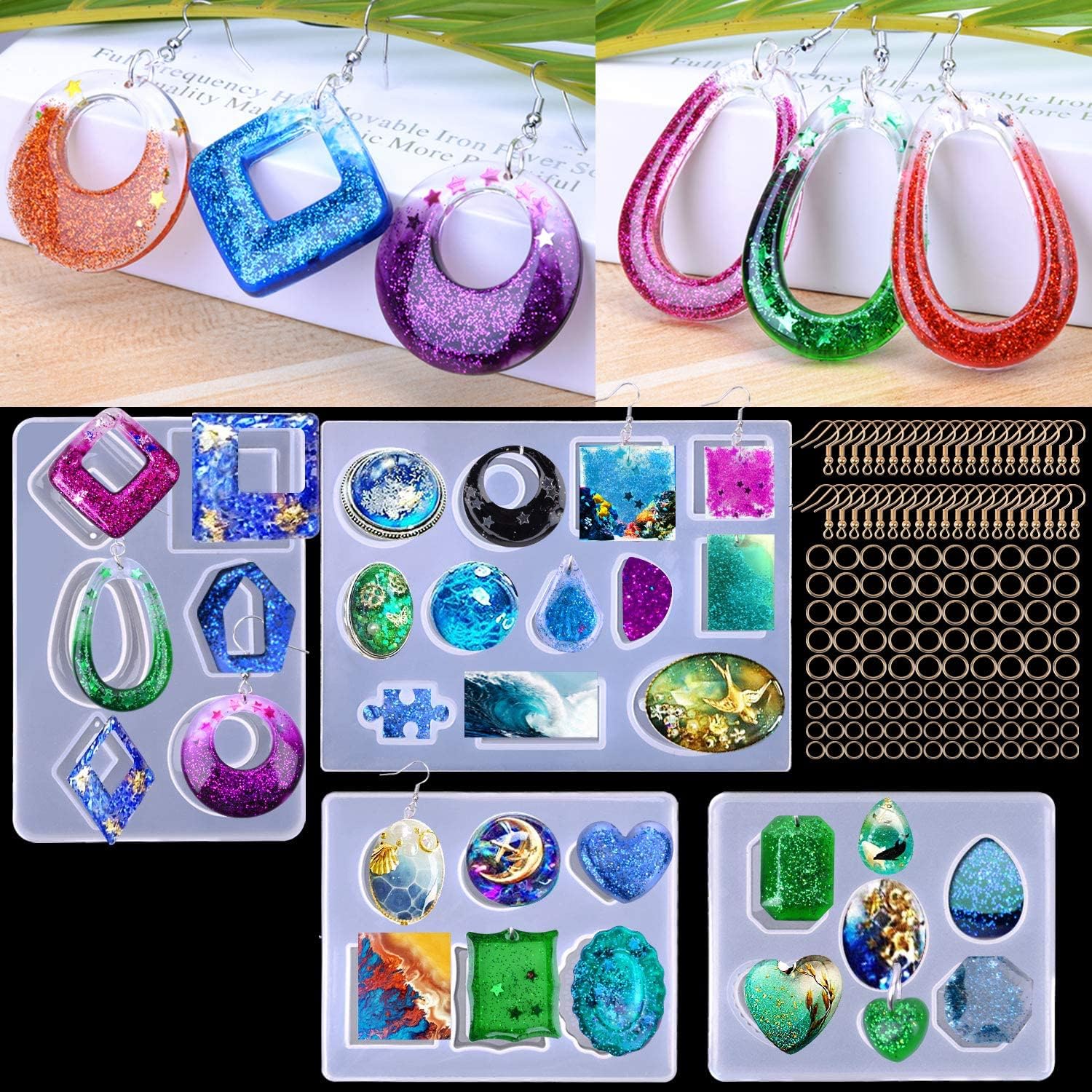 BBita 195pcs Earring Resin Molds, Silicone Earring Molds Epoxy Resin Jewelry Molds Resin Casting Pendant Molds for DIY Resin Crafts with Earring Hooks Jump Rings