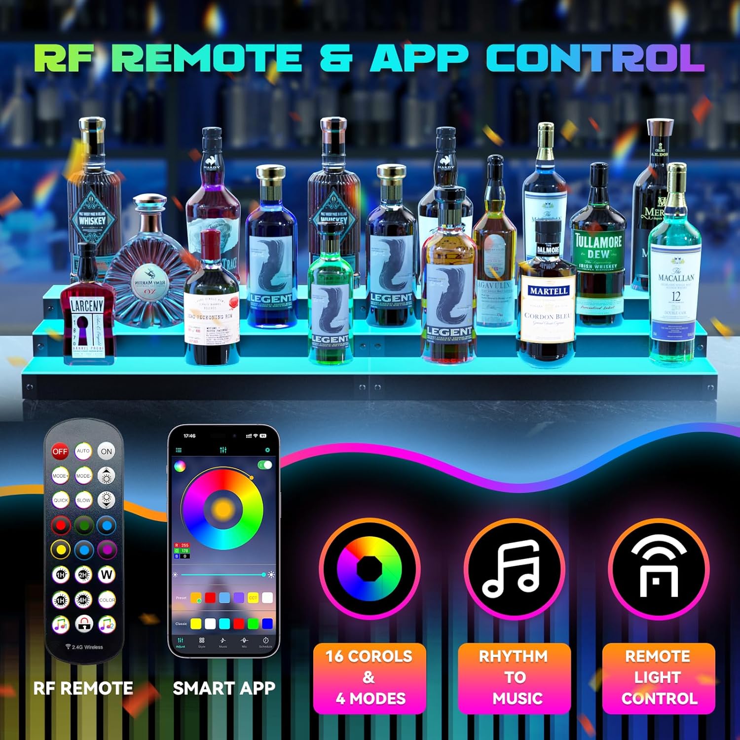 LED Illuminated Bar Bottle Display Rack, 3-Tier 32" Multi-Color Whiskey Rack, Tabletop Wine Rack Equipped with RF Remote Control and App Control Ideal Choice for Home Bar, Whiskey Lovers Gift