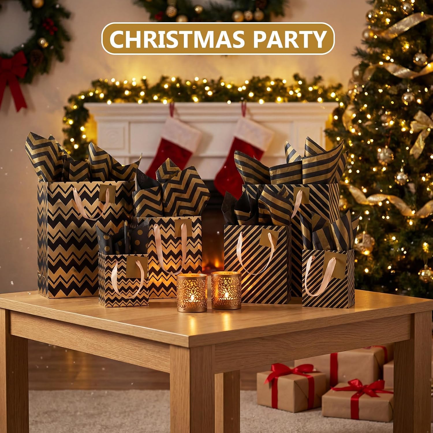 Tenare 12 Pcs Assorted Sizes Gift Bags for Christmas Party,Black, Gold image 5